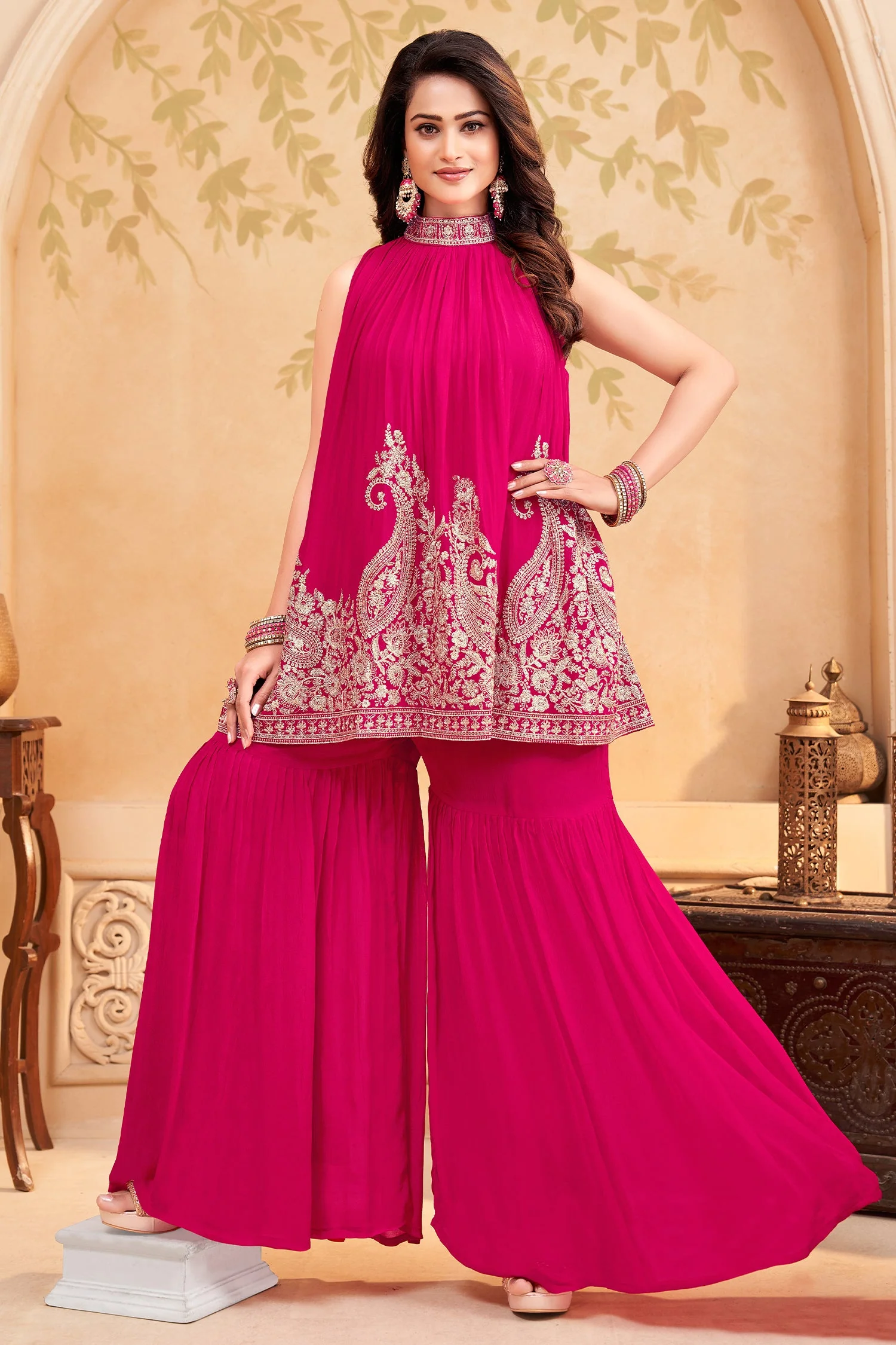 Dark Pink Georgette High Neck Sequin Embroidered Sharara Set - Image 3