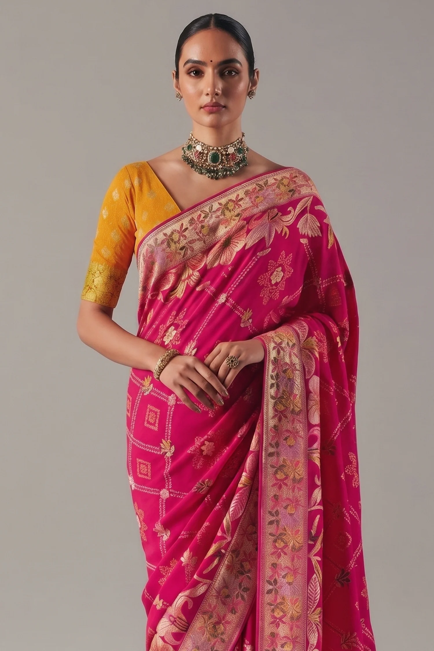 Dark Pink Georgette Traditional Bandhej Weaving Saree - Image 2