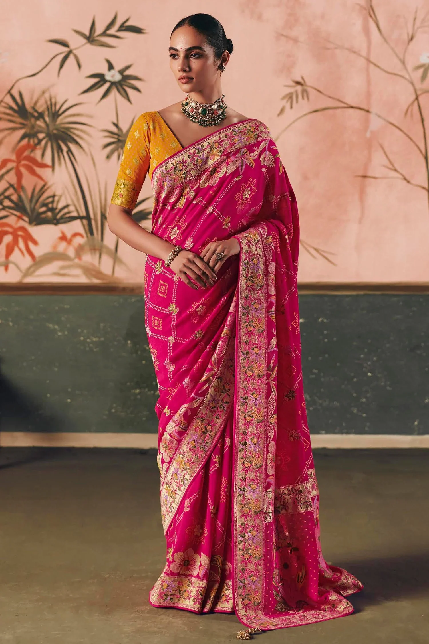 Dark Pink Georgette Traditional Bandhej Weaving Saree - Image 3