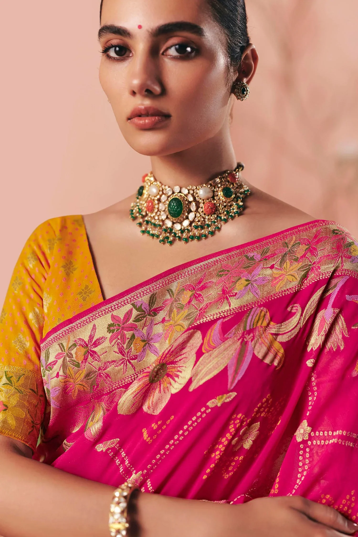 Dark Pink Georgette Traditional Bandhej Weaving Saree - Image 4