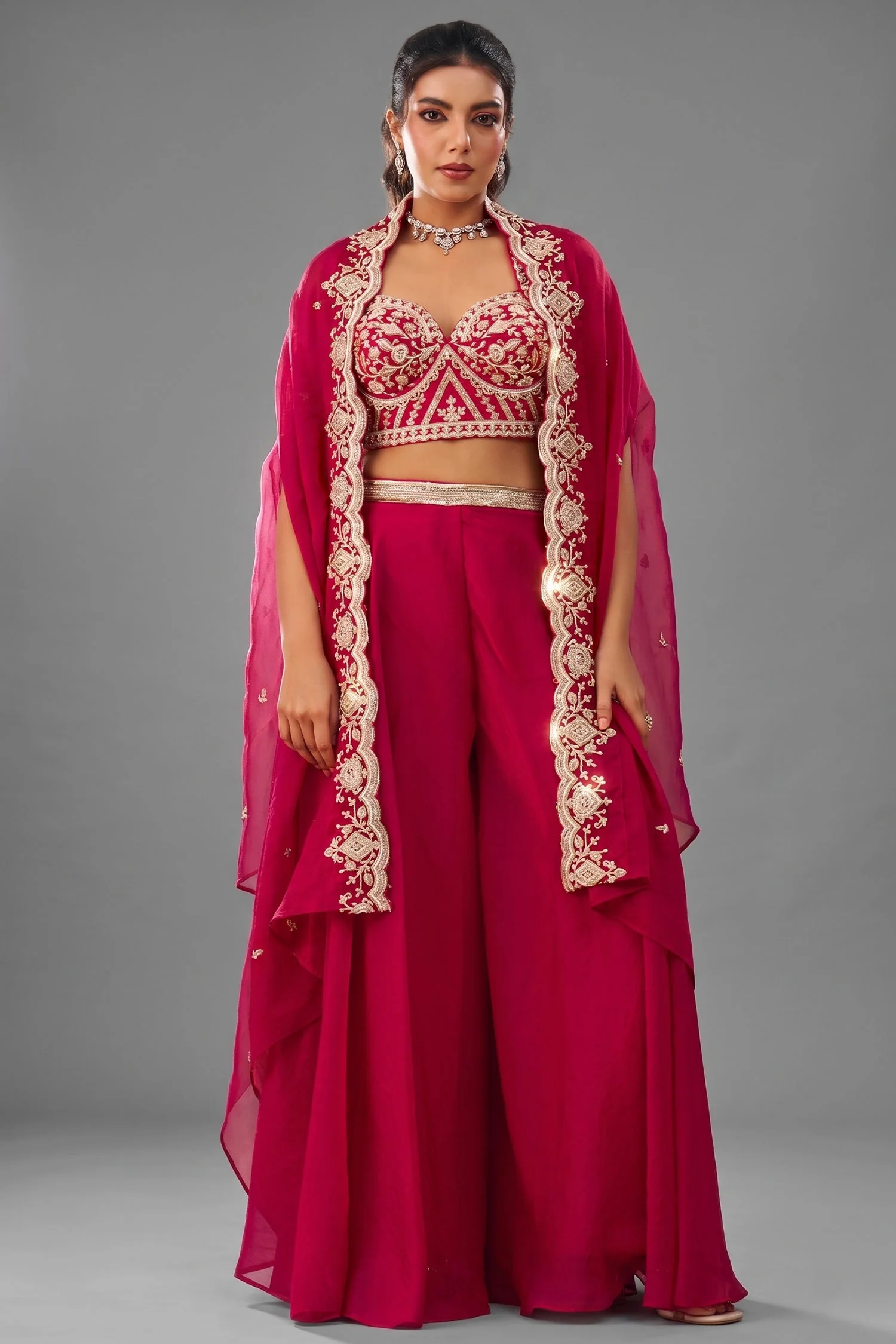 Dark Pink Organza Beads Embroidered Crop Top with Flared Cape and Palazzo Set