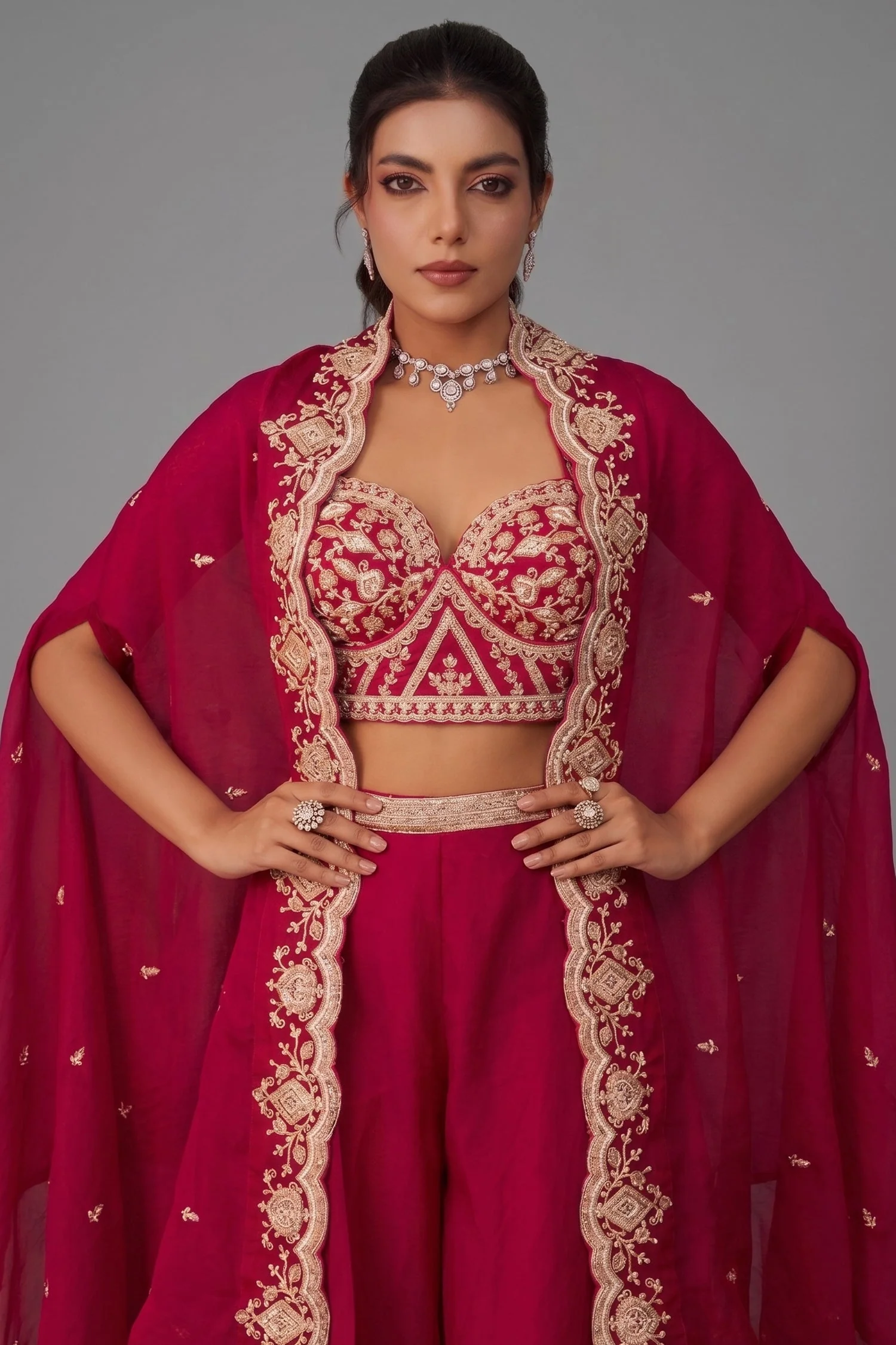 Dark Pink Organza Beads Embroidered Crop Top with Flared Cape and Palazzo Set - Image 2