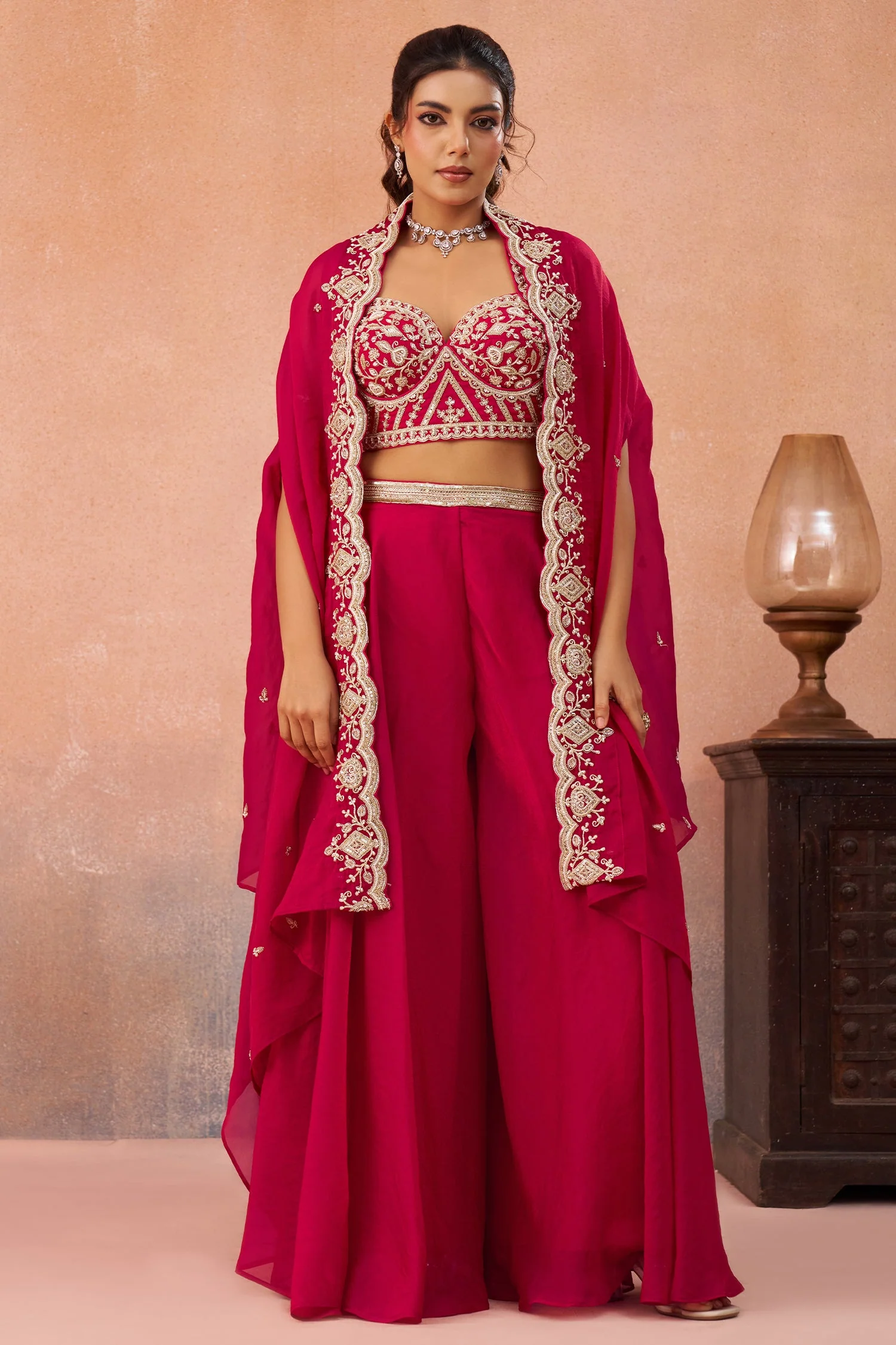 Dark Pink Organza Beads Embroidered Crop Top with Flared Cape and Palazzo Set - Image 3