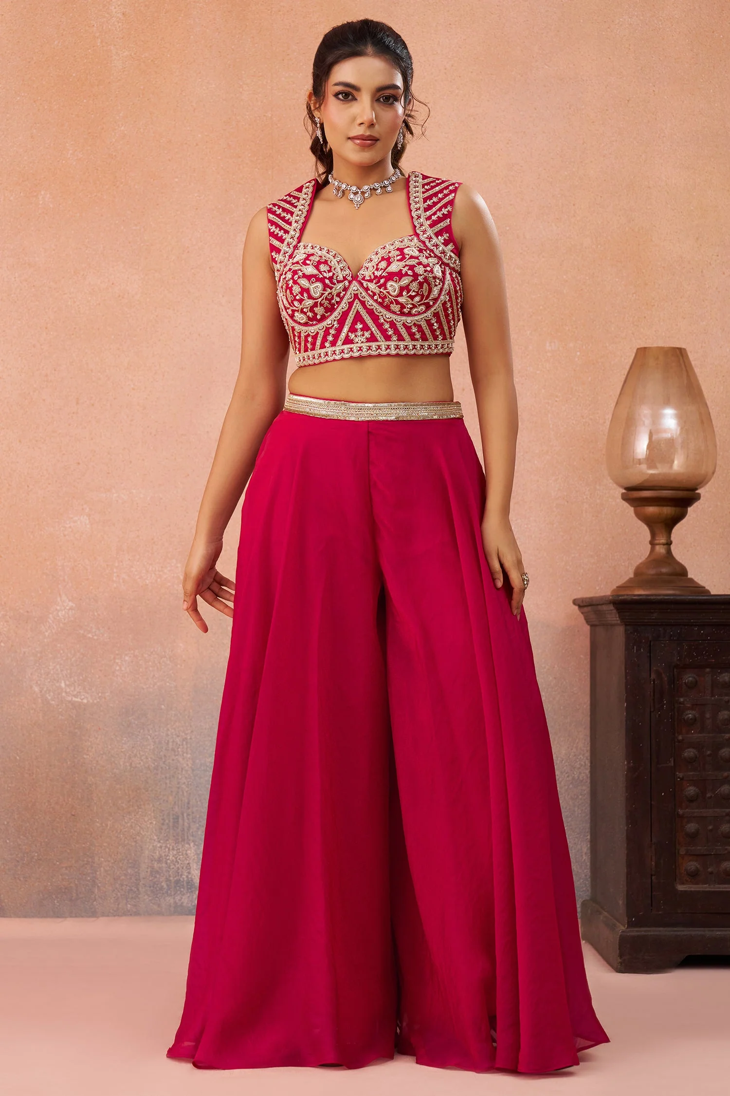 Dark Pink Organza Beads Embroidered Crop Top with Flared Cape and Palazzo Set - Image 4