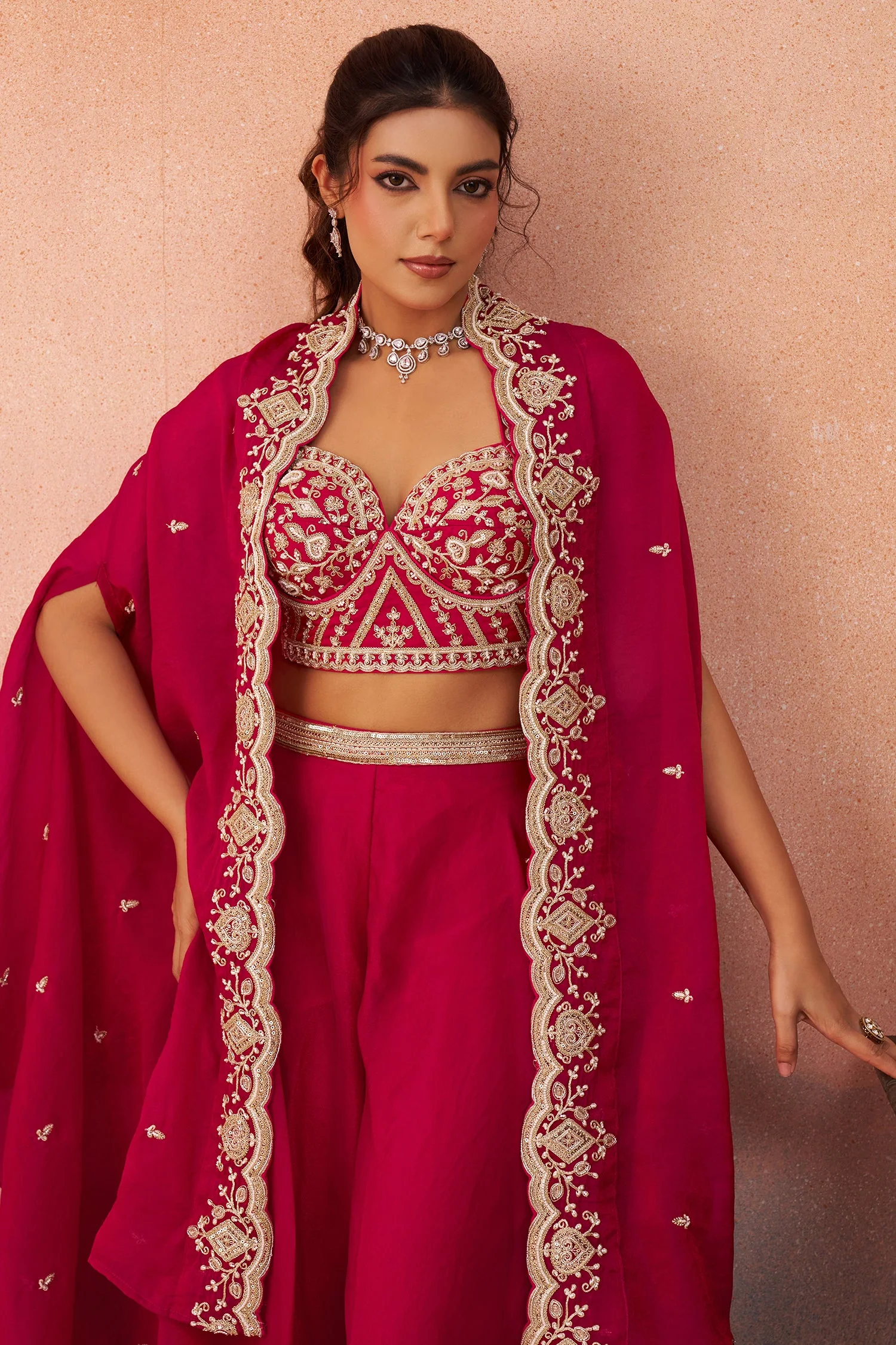 Dark Pink Organza Beads Embroidered Crop Top with Flared Cape and Palazzo Set - Image 5