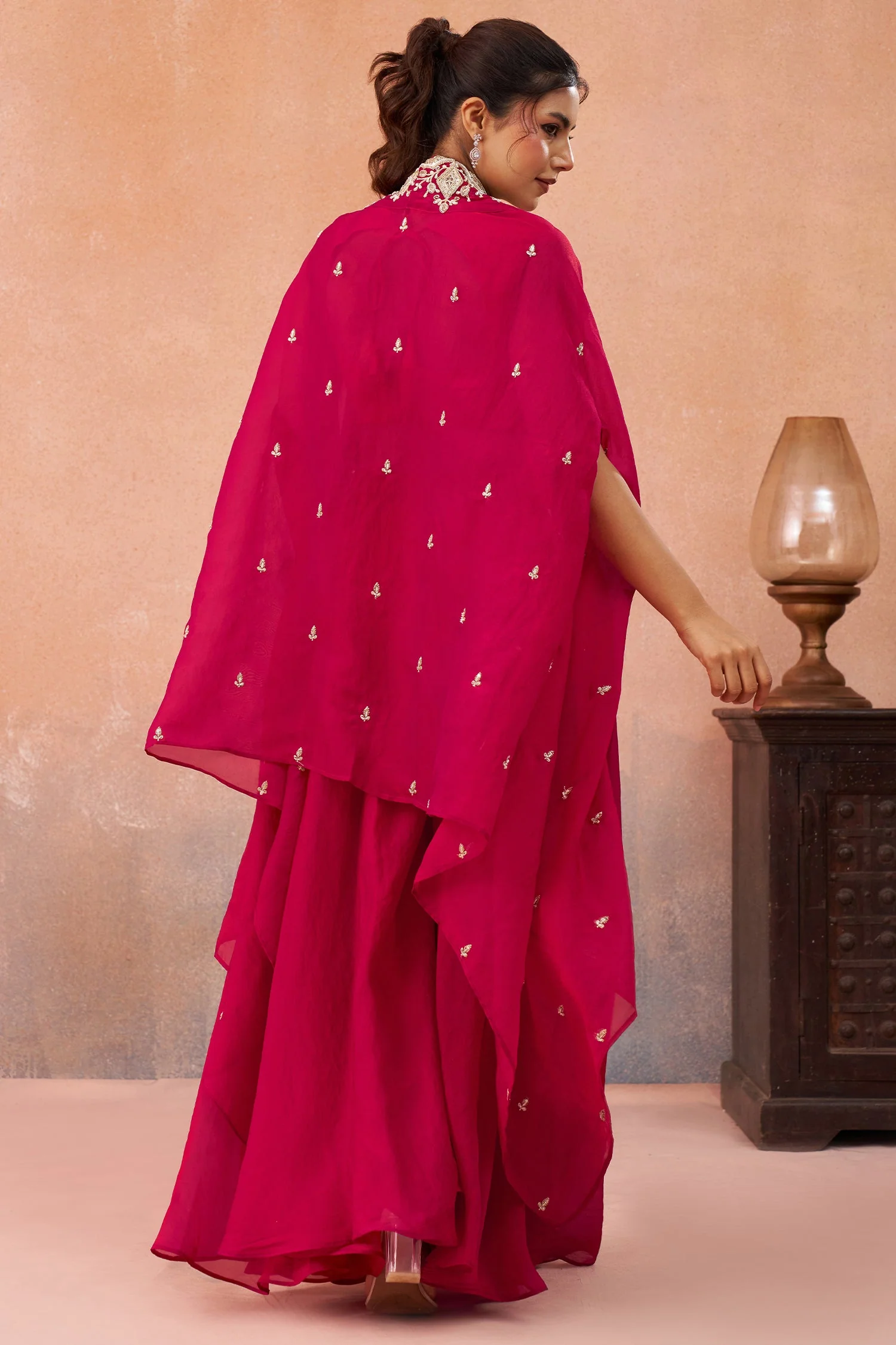 Dark Pink Organza Beads Embroidered Crop Top with Flared Cape and Palazzo Set - Image 6