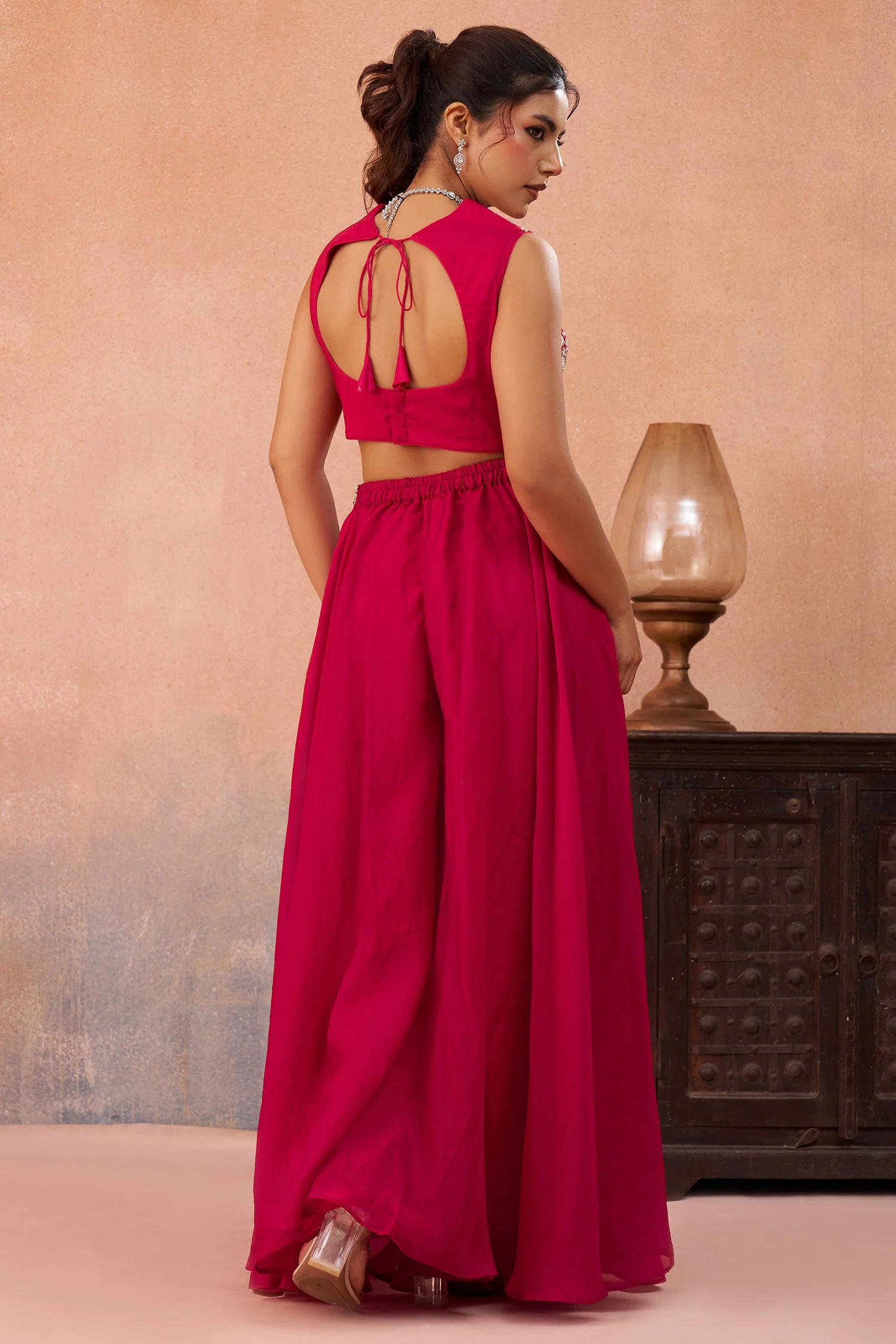 Dark Pink Organza Beads Embroidered Crop Top with Flared Cape and Palazzo Set - Image 7