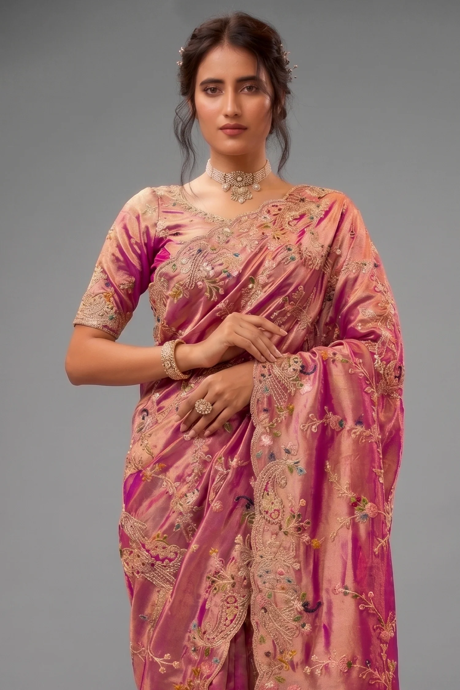 Dark Pink Viscose Silk Embroidered Saree - Image 2