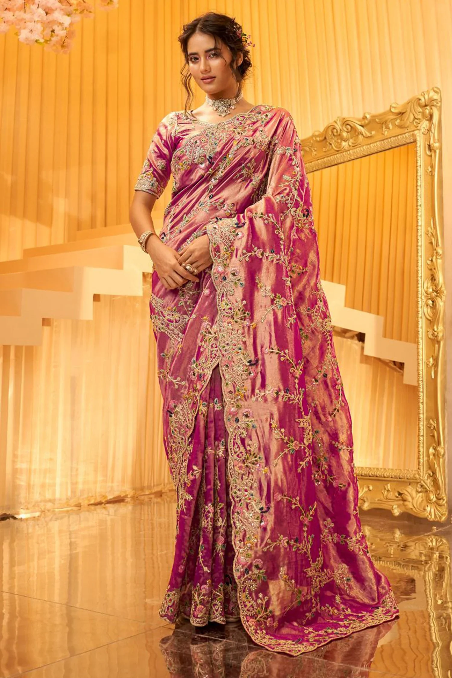 Dark Pink Viscose Silk Embroidered Saree - Image 3