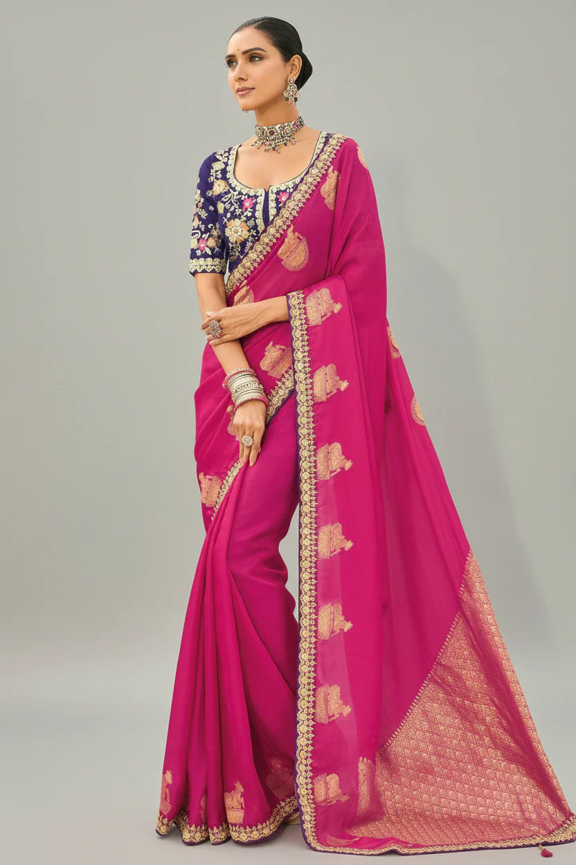 Dark Pink Viscose Woven Butta Saree with Embroidery Border