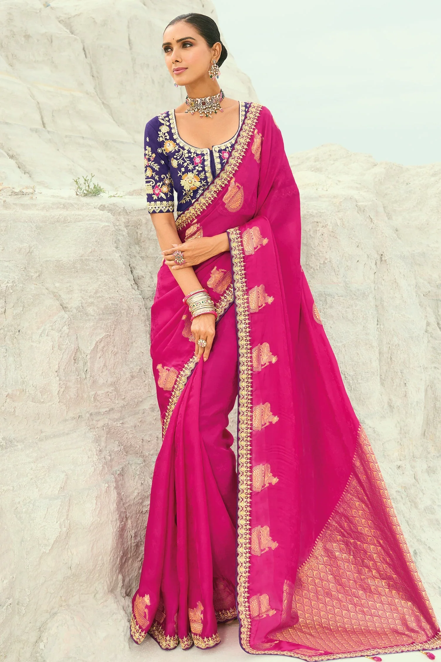 Dark Pink Viscose Woven Butta Saree with Embroidery Border - Image 2