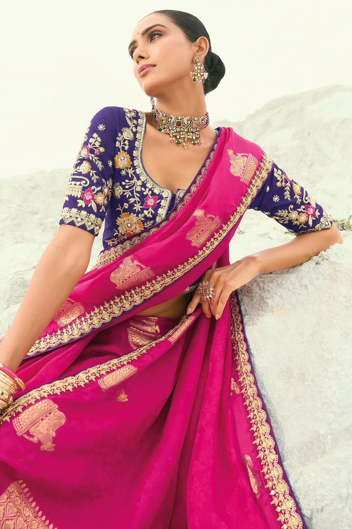 Dark Pink Viscose Woven Butta Saree with Embroidery Border - Image 3