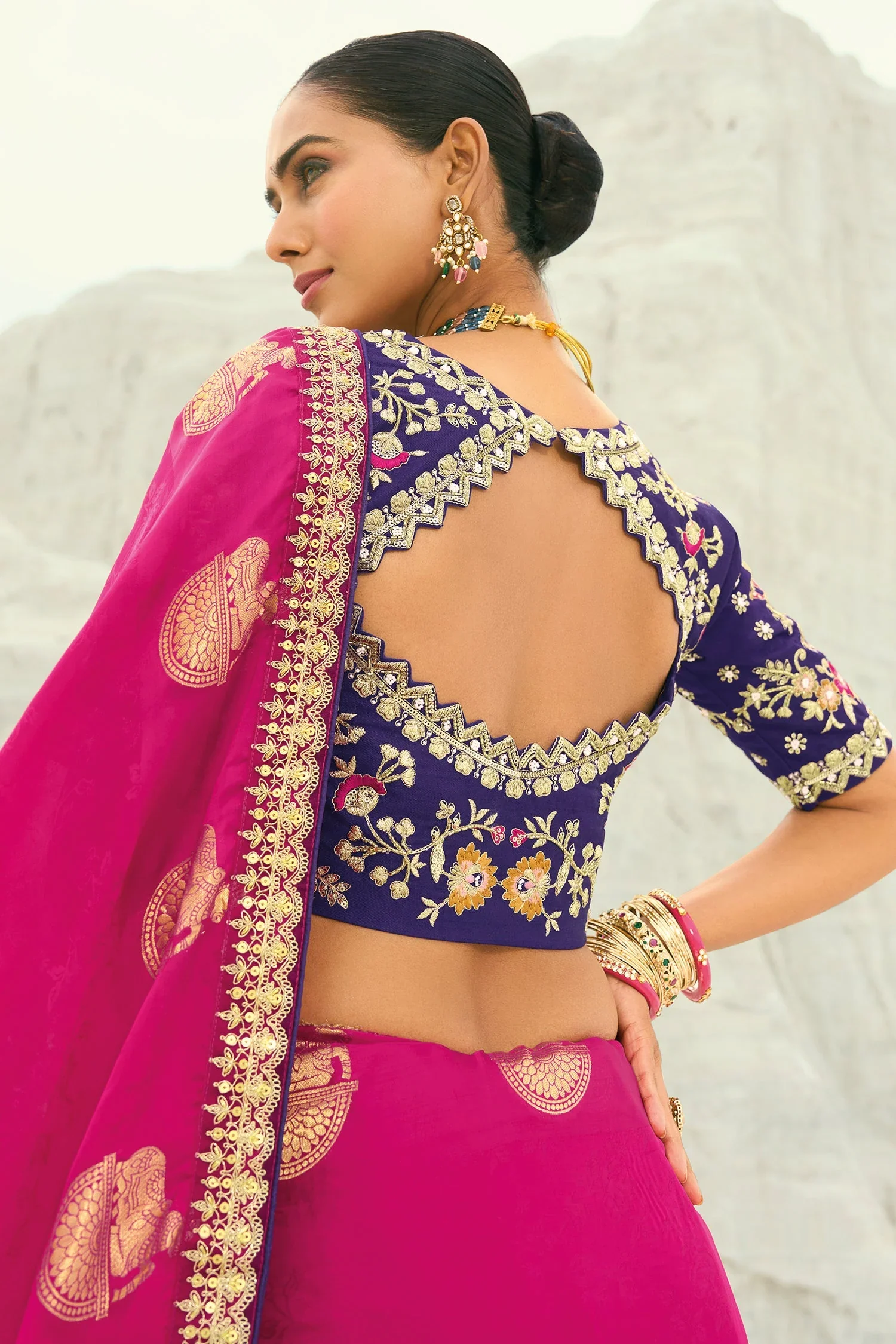 Dark Pink Viscose Woven Butta Saree with Embroidery Border - Image 4