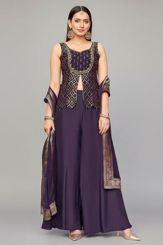 Dark Purple Art Silk Woven Slit Cut Palazzo Suit