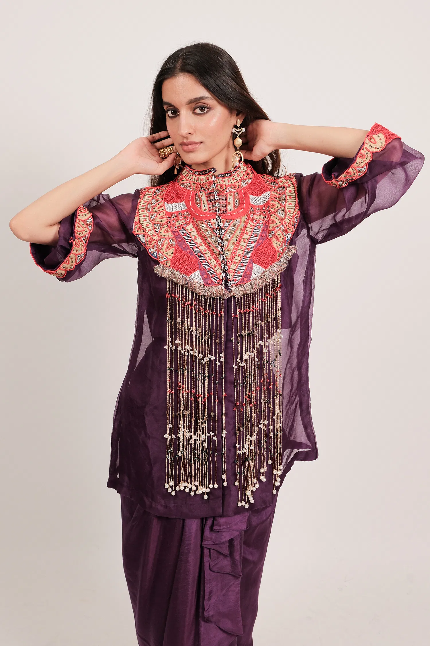 Dark Purple Organza Intricate Embroidery Beaded Dangling Fringe Top with Pleated Skirt - Image 3