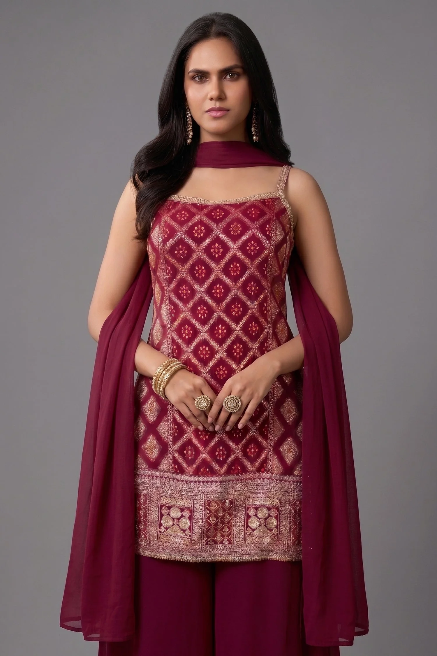 Dark Rani Pink Georgette Woven Straight Cut Palazzo Suit with Sequins Work - Image 2