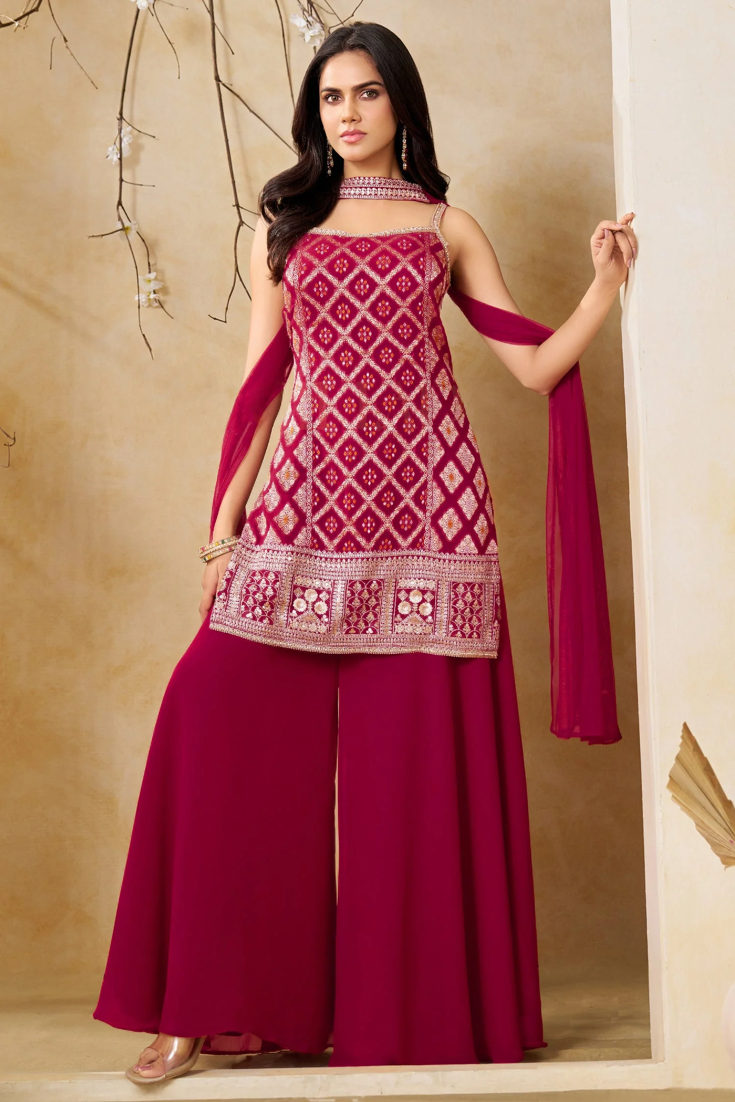 Dark Rani Pink Georgette Woven Straight Cut Palazzo Suit with Sequins Work - Image 3