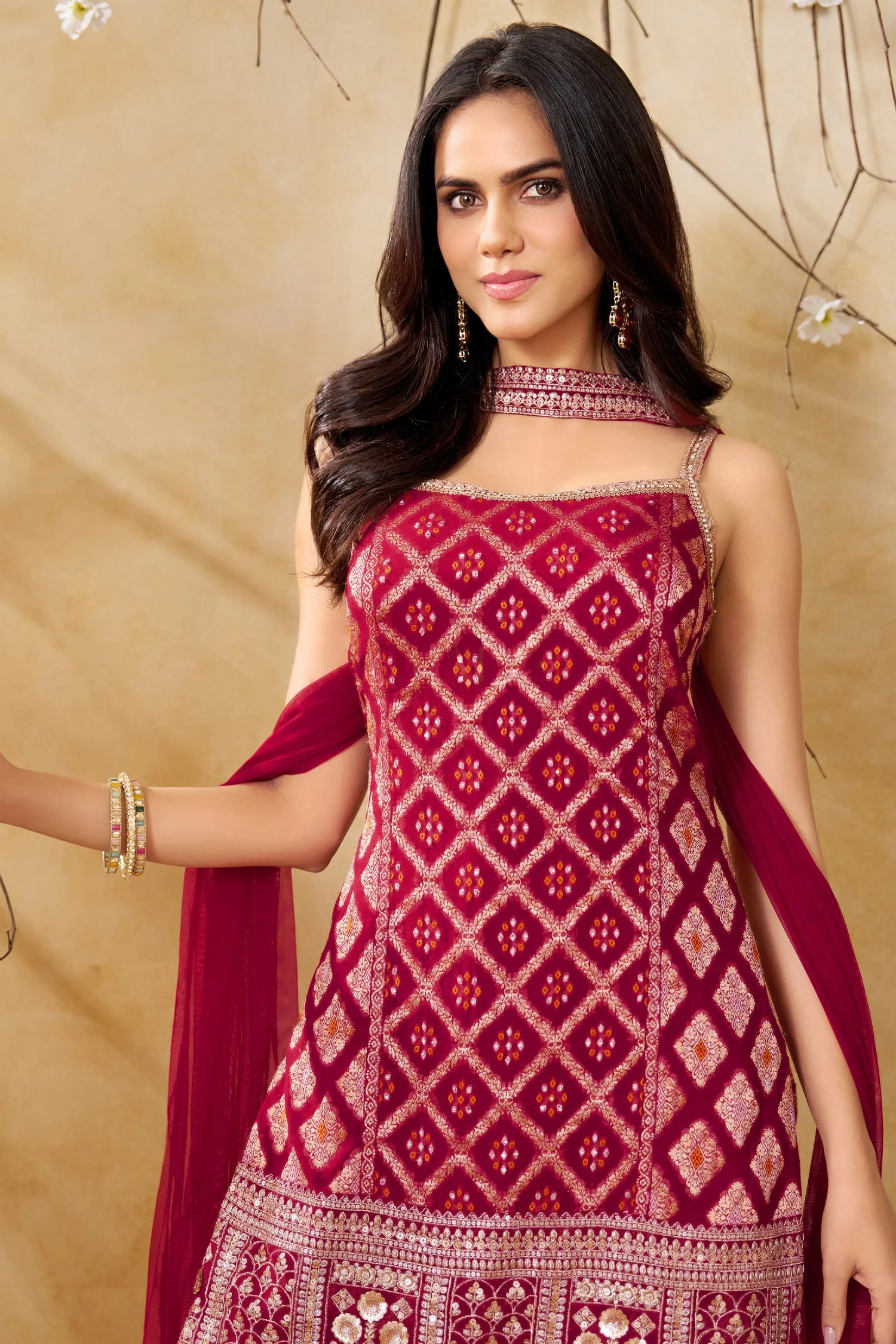 Dark Rani Pink Georgette Woven Straight Cut Palazzo Suit with Sequins Work - Image 4
