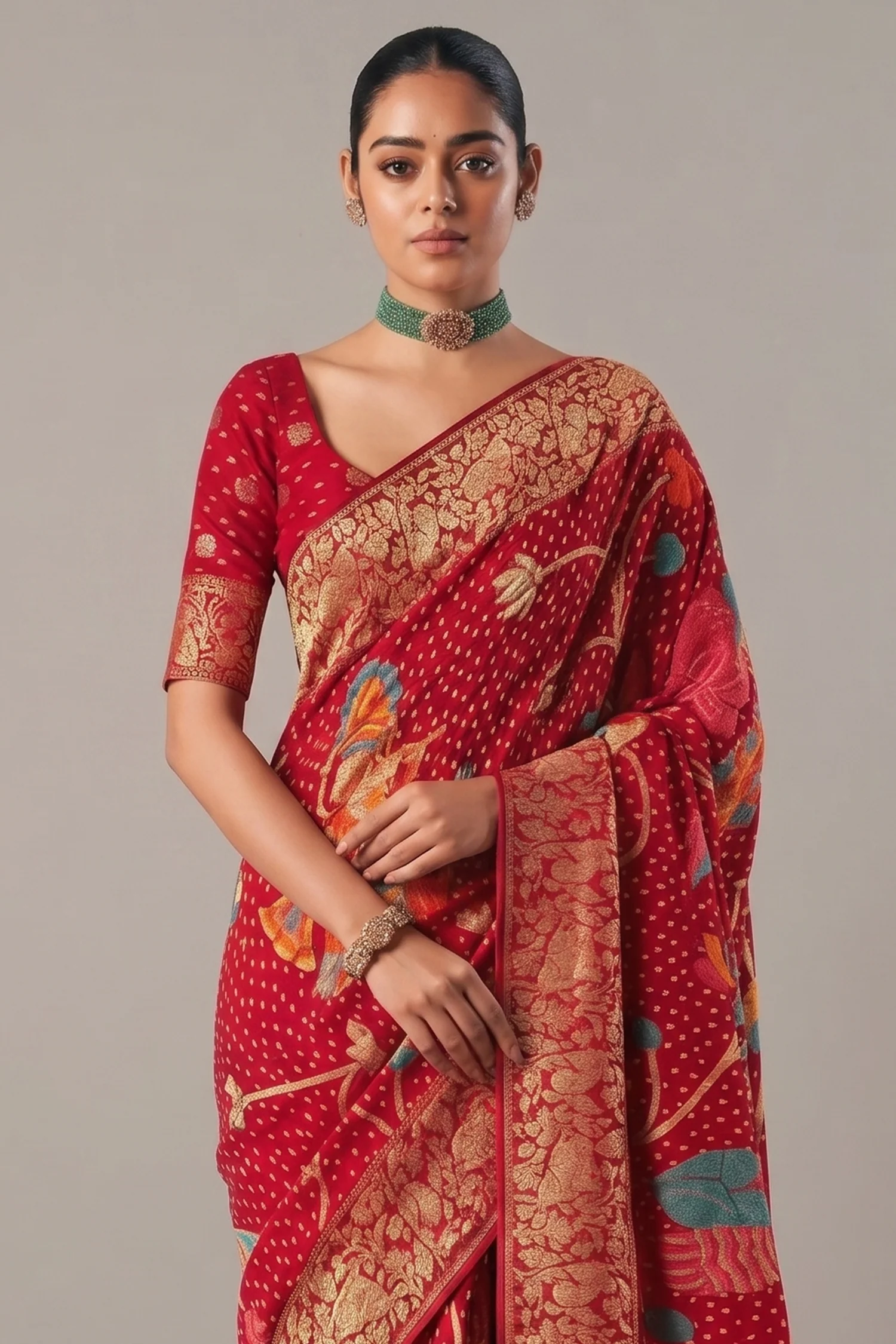 Dark Red Georgette Traditional Bandhej Weaving Saree - Image 2