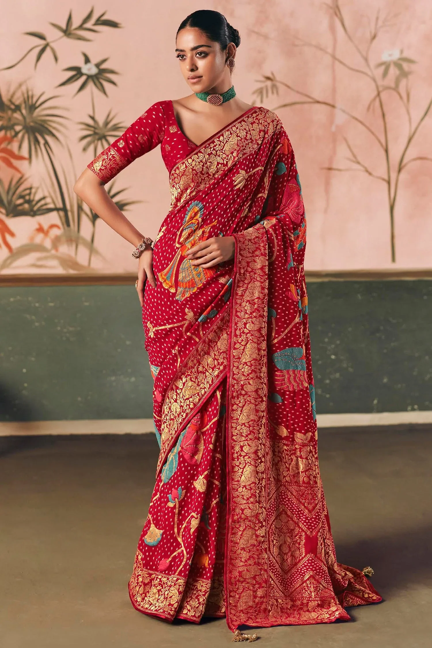 Dark Red Georgette Traditional Bandhej Weaving Saree - Image 3