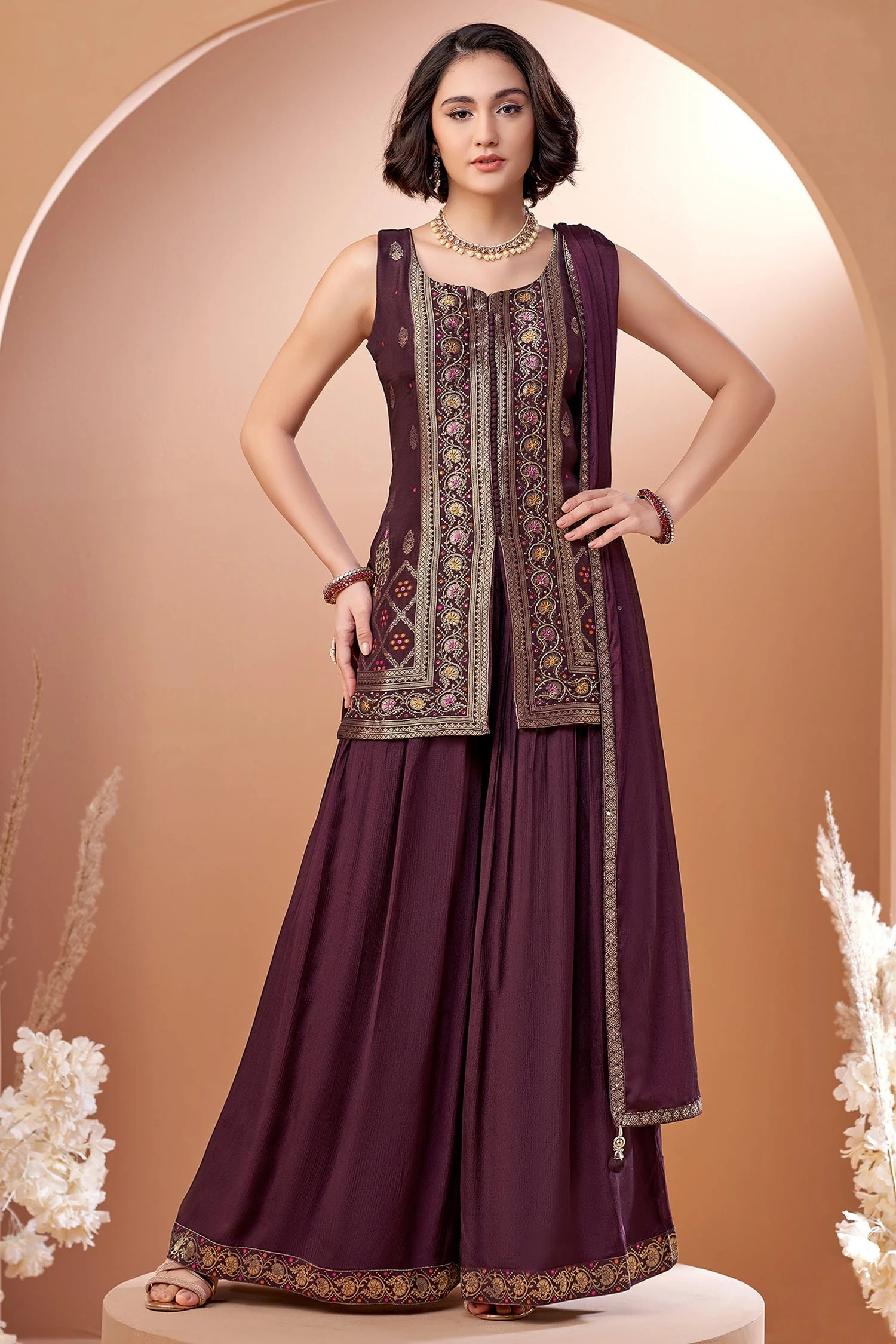 Dark Wine Georgette Woven Palazzo Suit - Image 2
