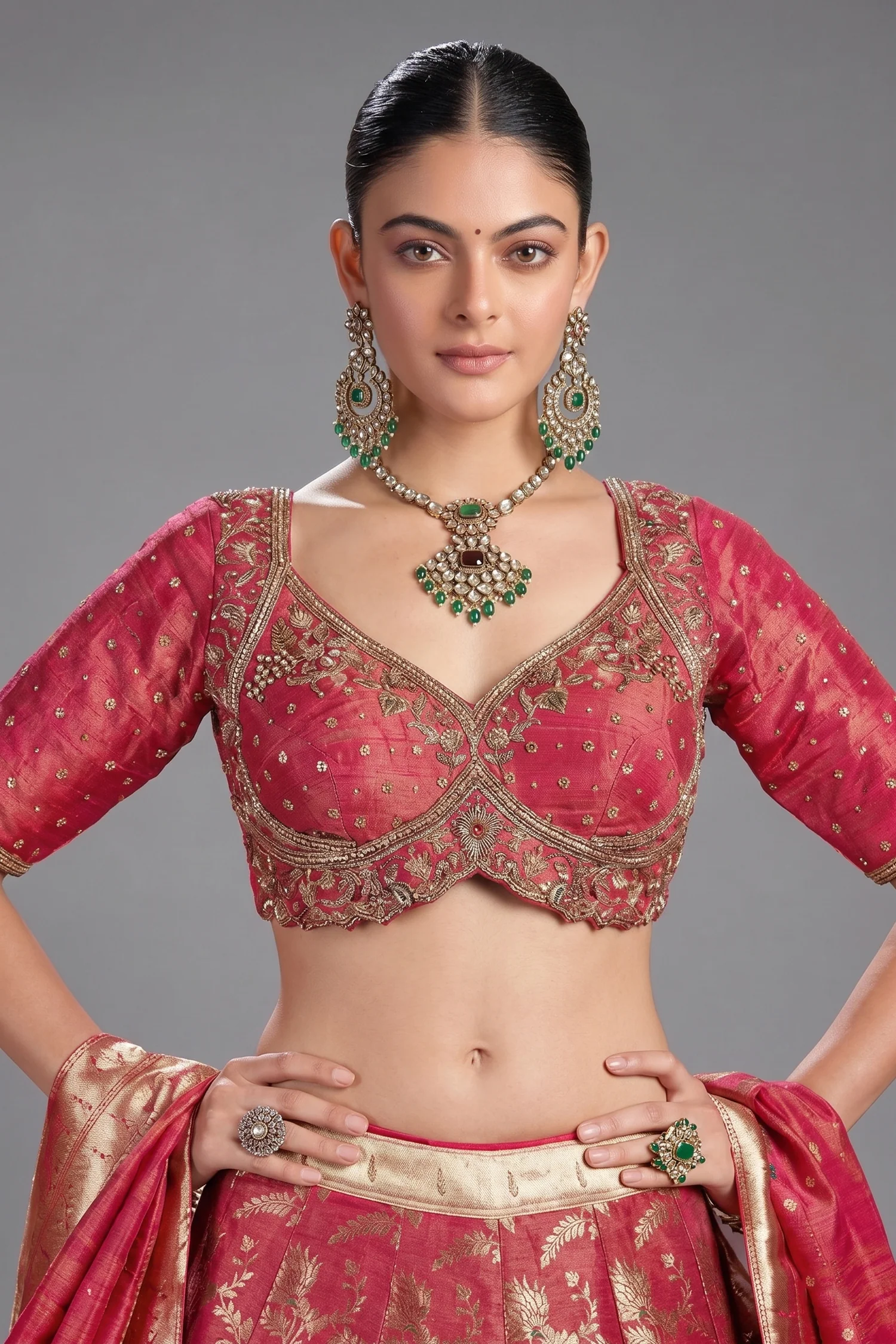 Deep Crimson Red Tissue Silk Floral Woven Jaal Lehenga with Paithani Border - Image 2
