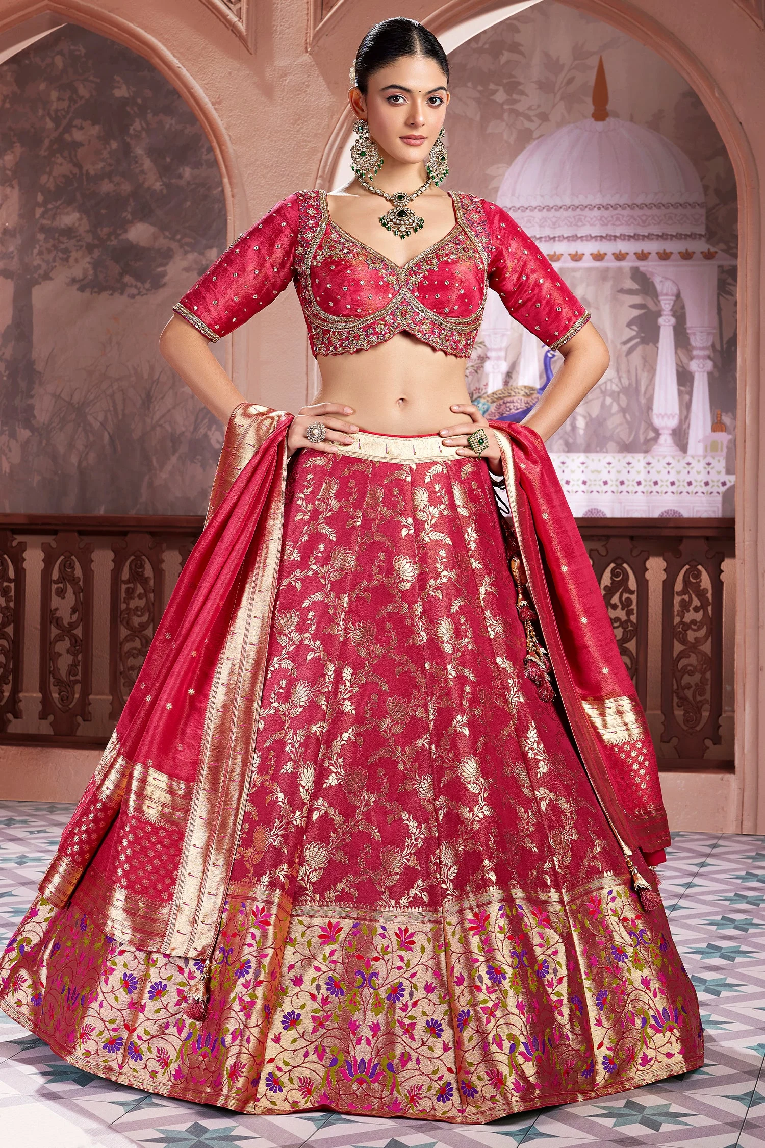 Deep Crimson Red Tissue Silk Floral Woven Jaal Lehenga with Paithani Border - Image 3