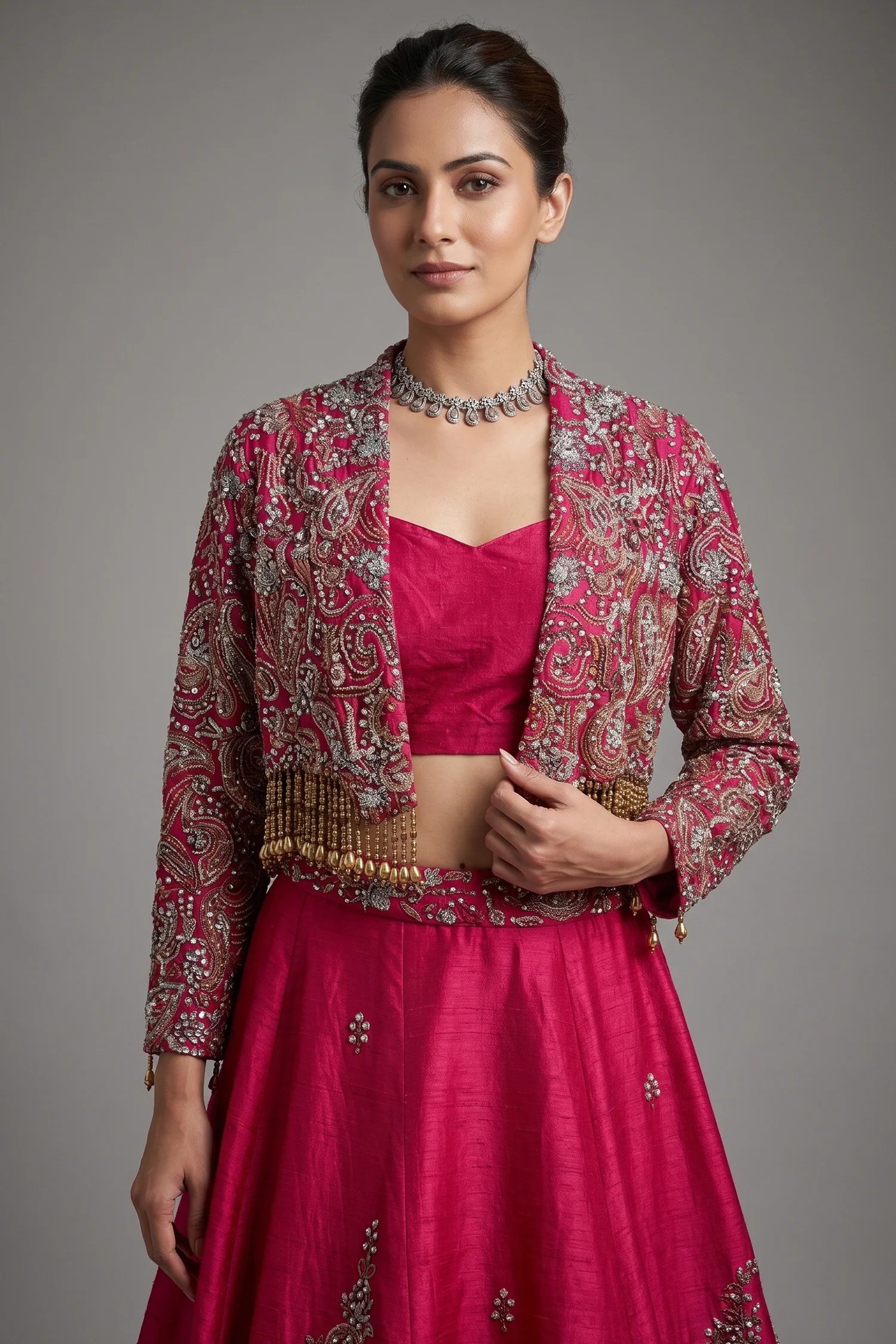 Deep Maroon Designer Handworked Raw Silk Crop Top Lehenga with Jacket - Image 2