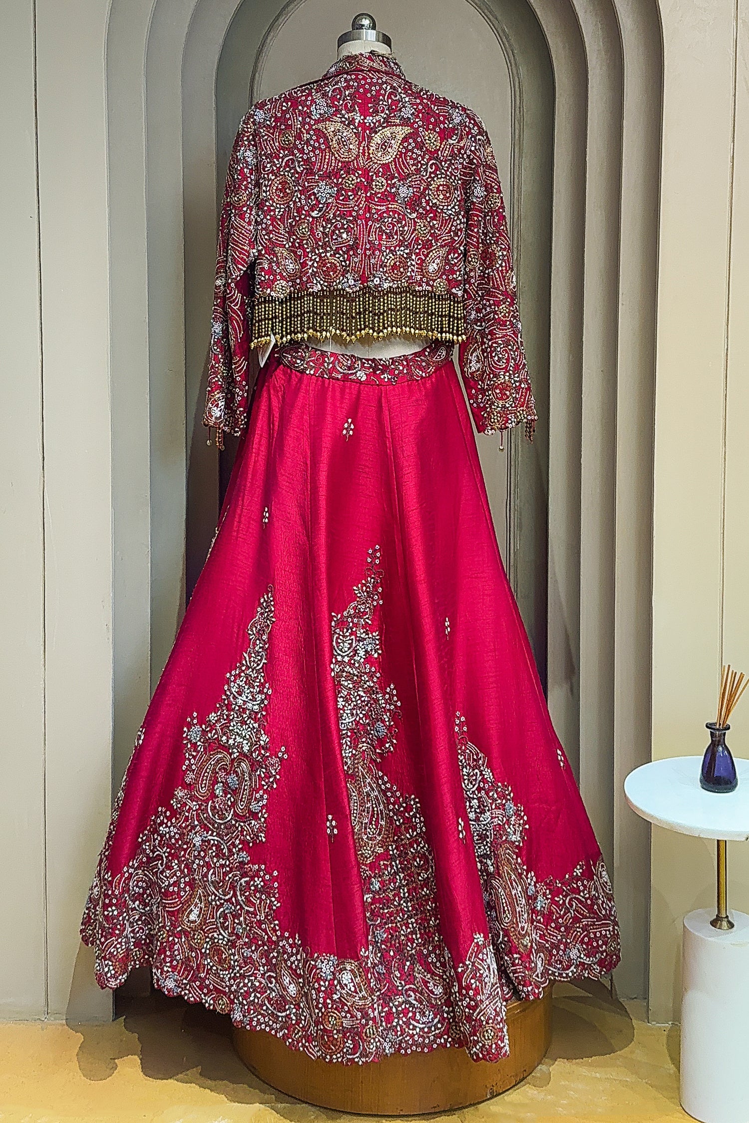 Deep Maroon Designer Handworked Raw Silk Crop Top Lehenga with Jacket - Image 4