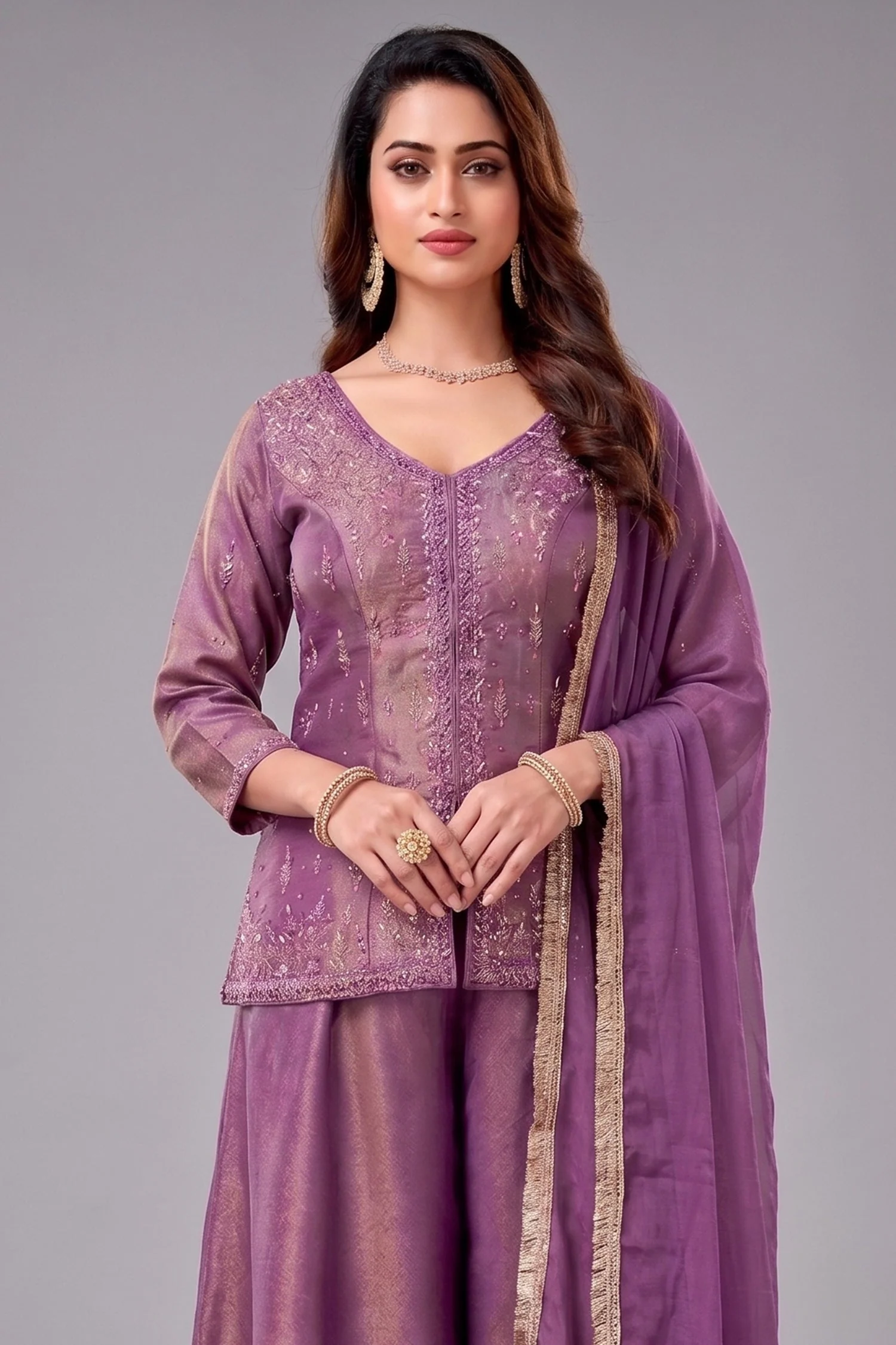 Deep Mauve Purple Tissue Silk Mirror Embroidered Palazzo Suit - Image 2