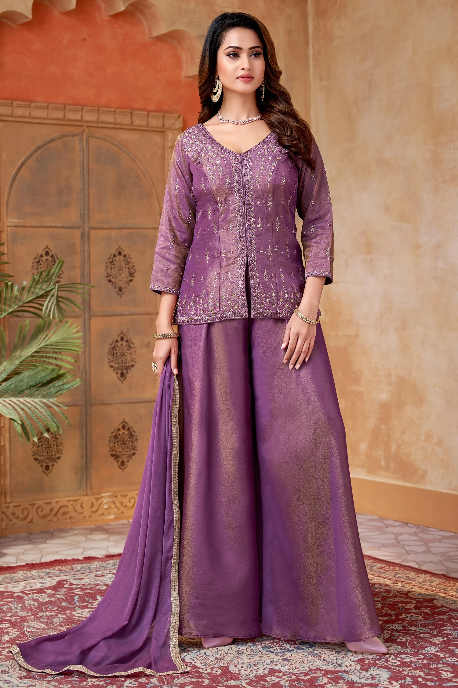 Deep Mauve Purple Tissue Silk Mirror Embroidered Palazzo Suit - Image 3