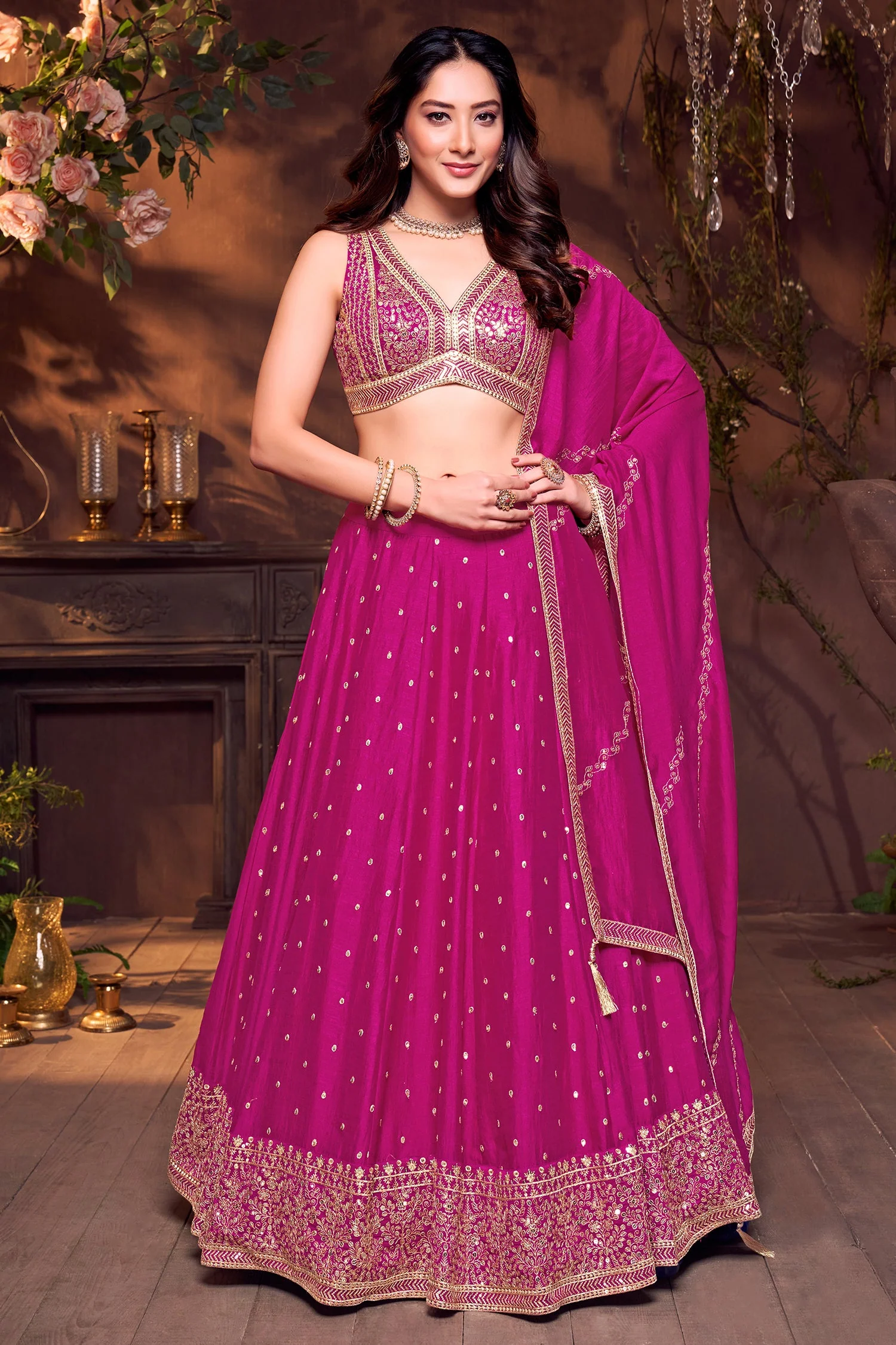 Deep Rani Pink Art Silk Sequin and Embroidered Work Lehenga - Image 3