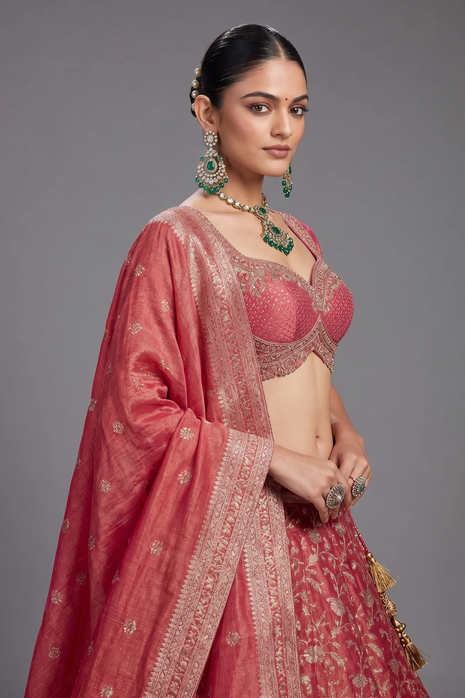 Deep Rose Pink Tissue Floral Woven Lehenga with Paithani Border - Image 2