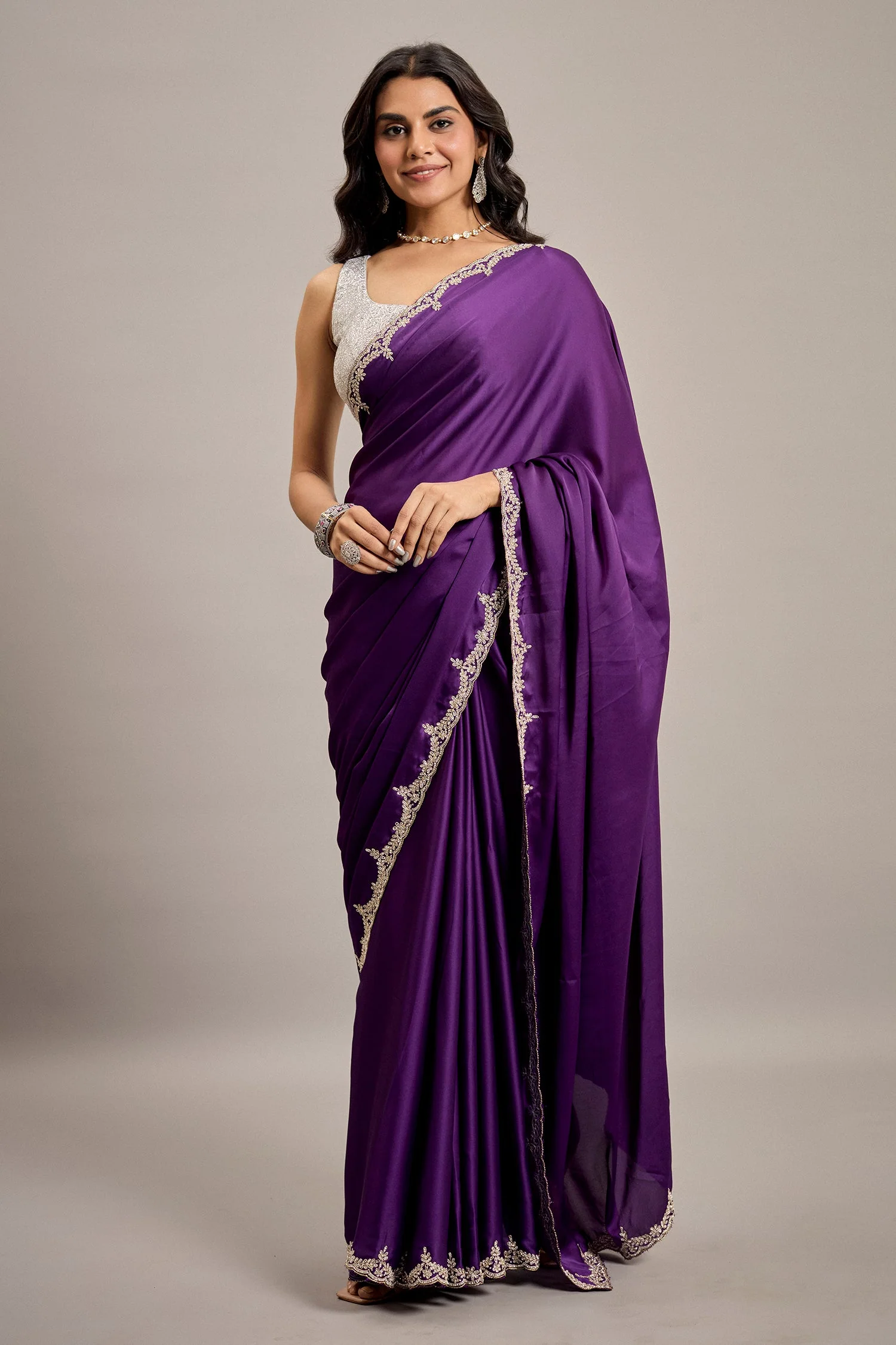 Deep Violet Satin Crepe Silk Saree with Diamond Embellishment Border - Image 2
