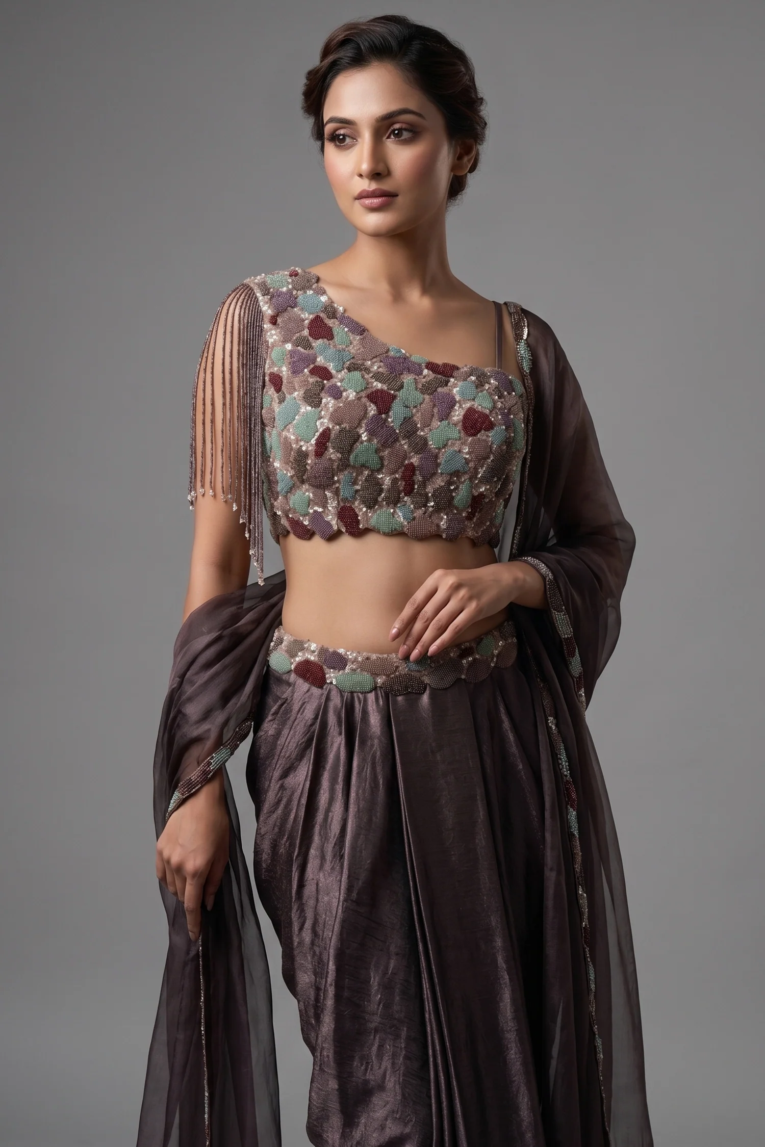 Dusky Purple Organza One Shoulder Crop Top Dhoti Skirt Set with Beaded Fringe Detailing - Image 2