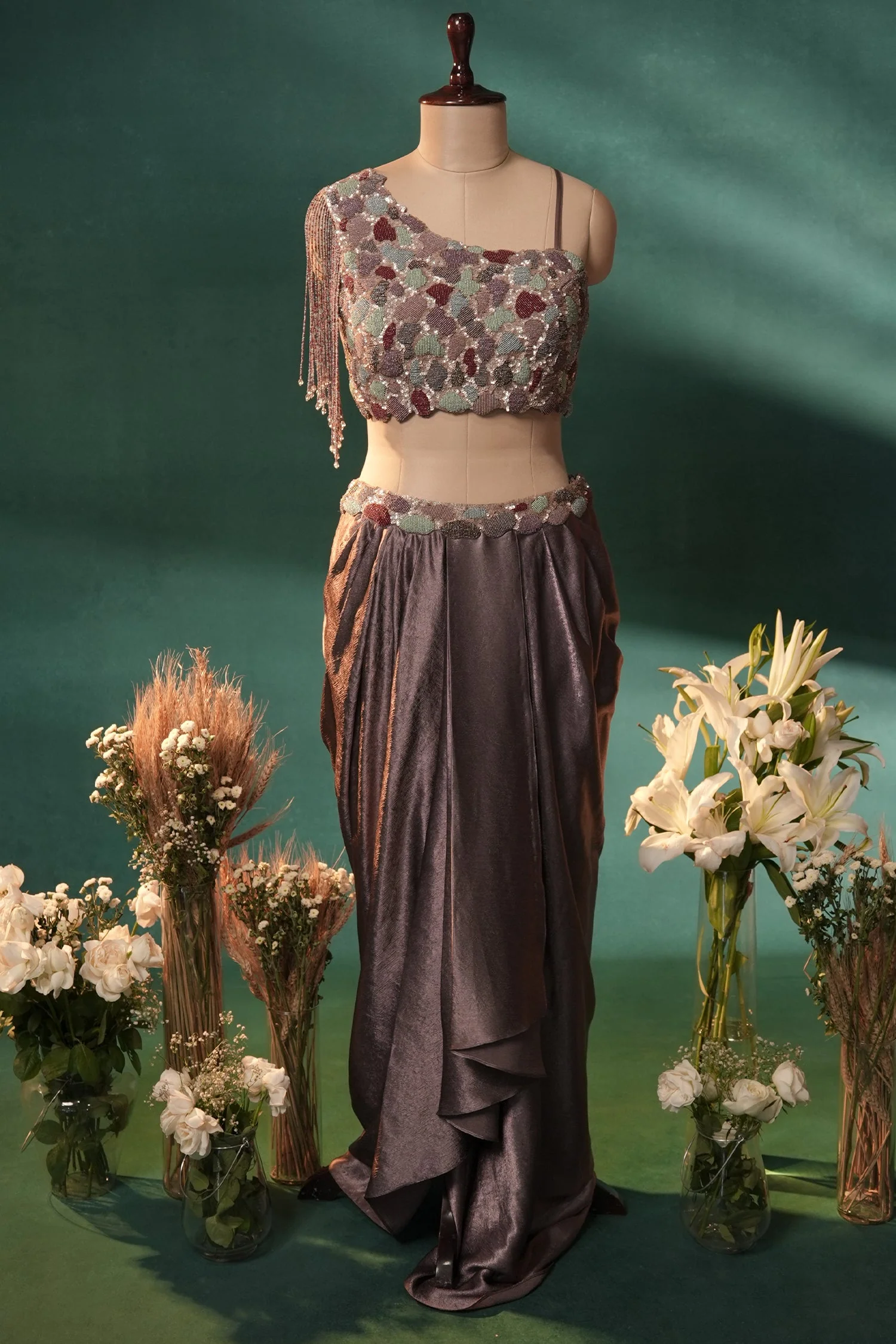 Dusky Purple Organza One Shoulder Crop Top Dhoti Skirt Set with Beaded Fringe Detailing - Image 3