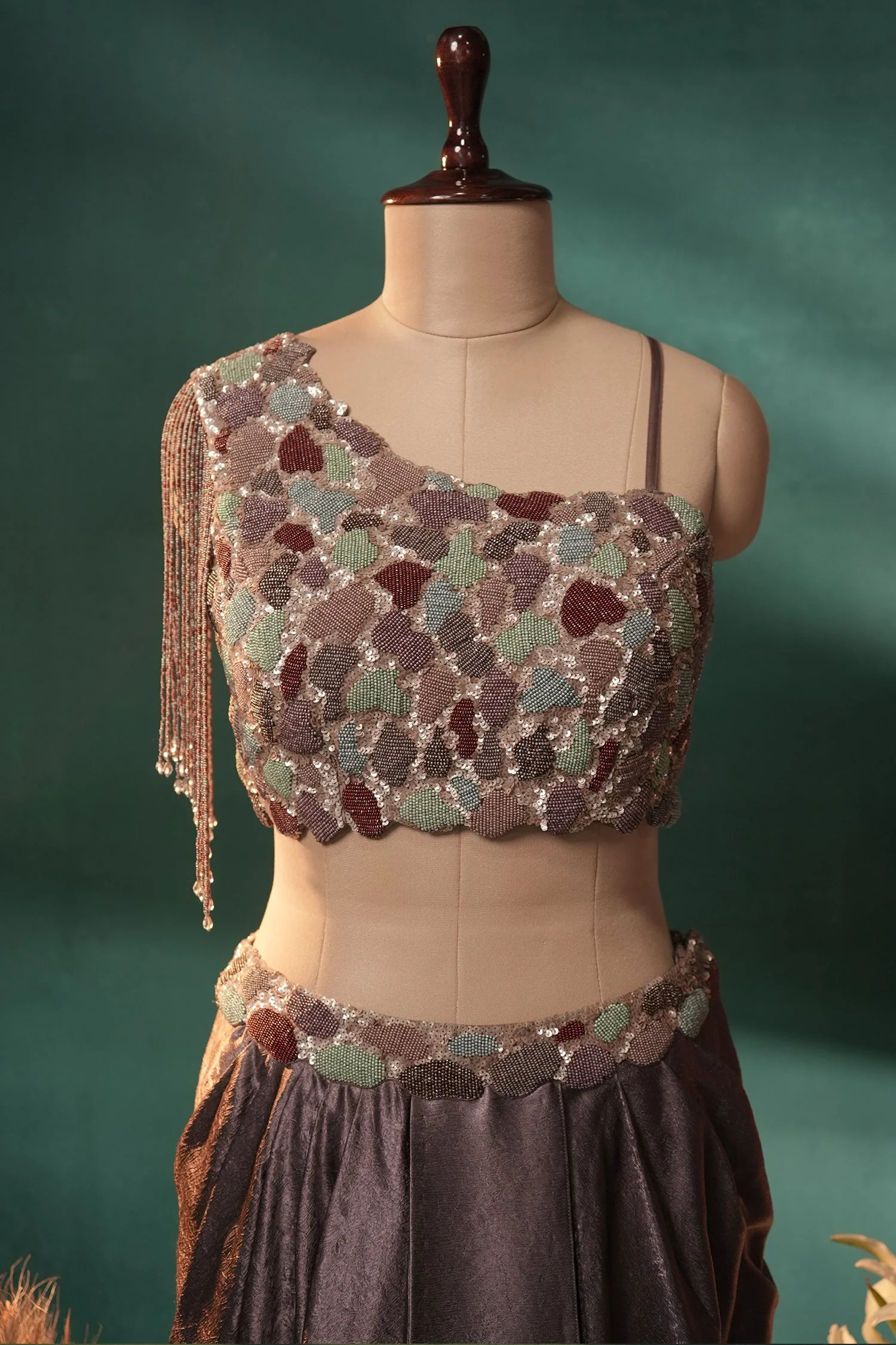 Dusky Purple Organza One Shoulder Crop Top Dhoti Skirt Set with Beaded Fringe Detailing - Image 4