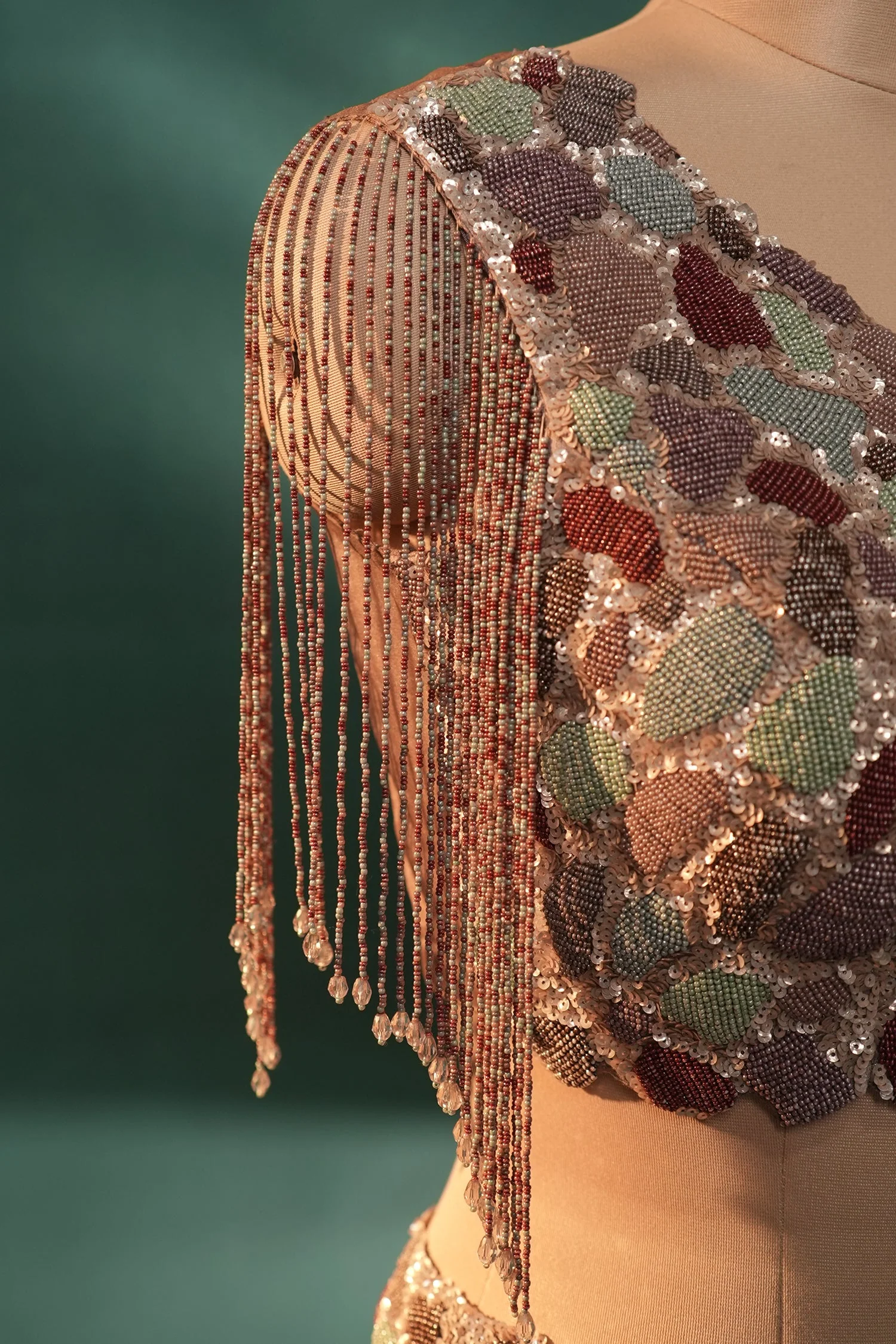 Dusky Purple Organza One Shoulder Crop Top Dhoti Skirt Set with Beaded Fringe Detailing - Image 5