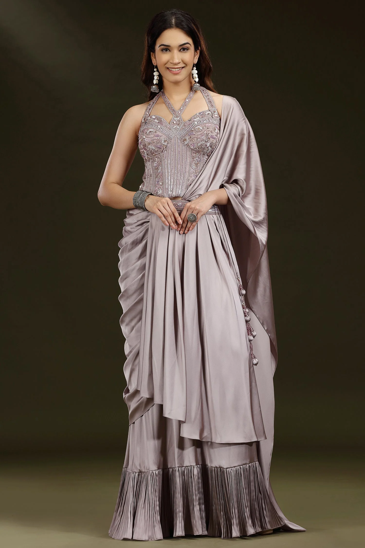 Dusty Mauve Satin Silk Embellished Corset Lehenga with Attached Dupatta