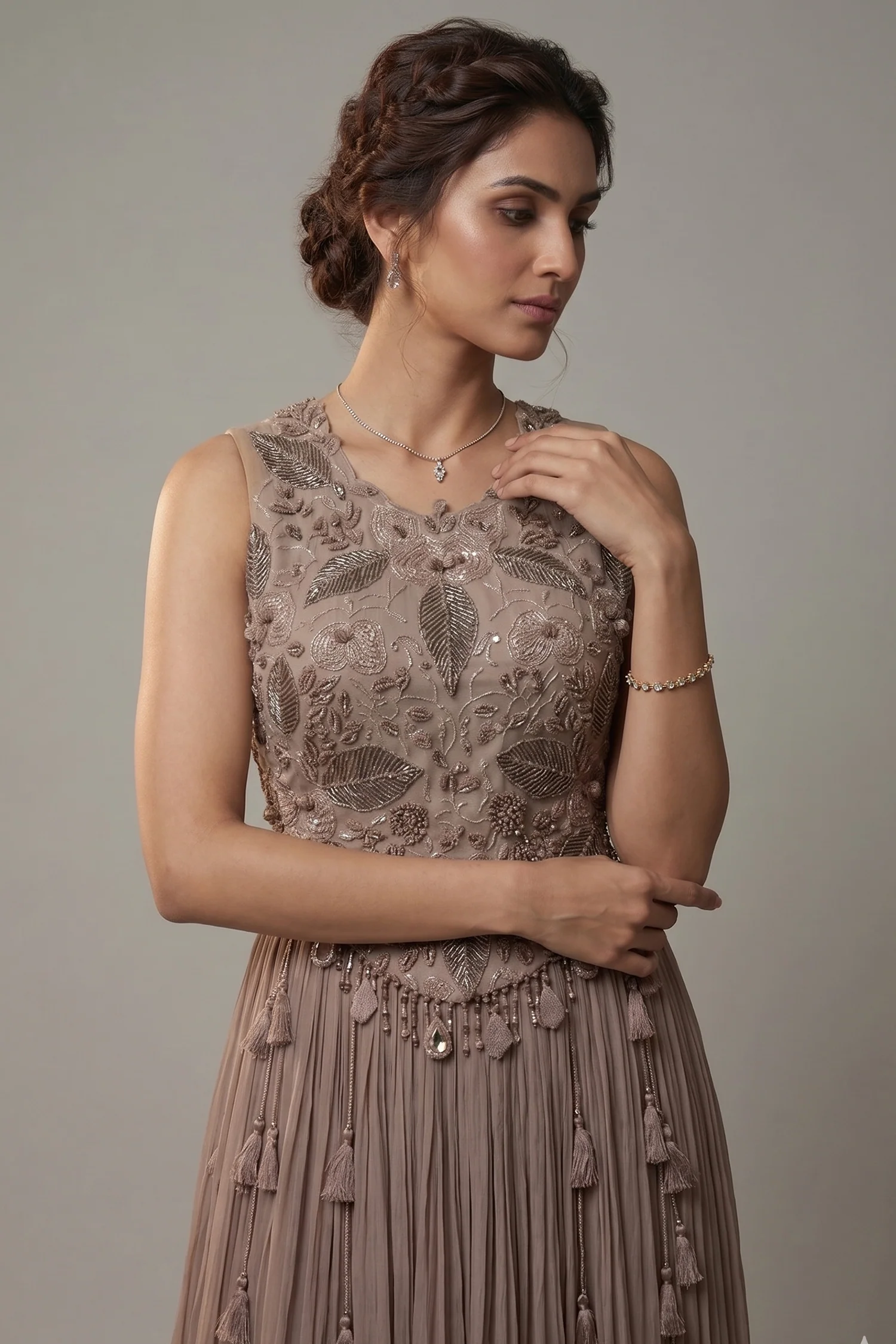 Dusty Mauve Silk Embroidered Beaded Crop Top Palazzo Set - Image 2