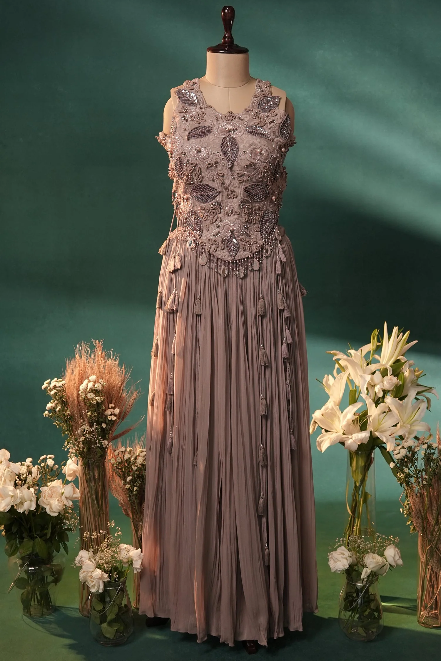 Dusty Mauve Silk Embroidered Beaded Crop Top Palazzo Set - Image 3