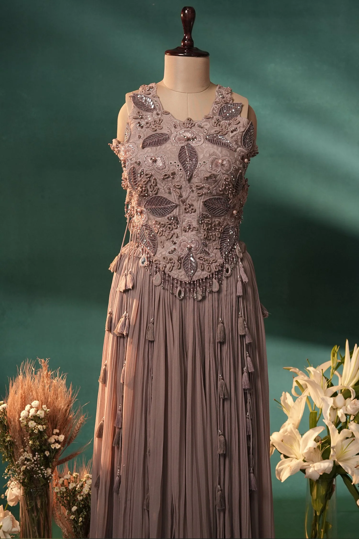 Dusty Mauve Silk Embroidered Beaded Crop Top Palazzo Set - Image 4