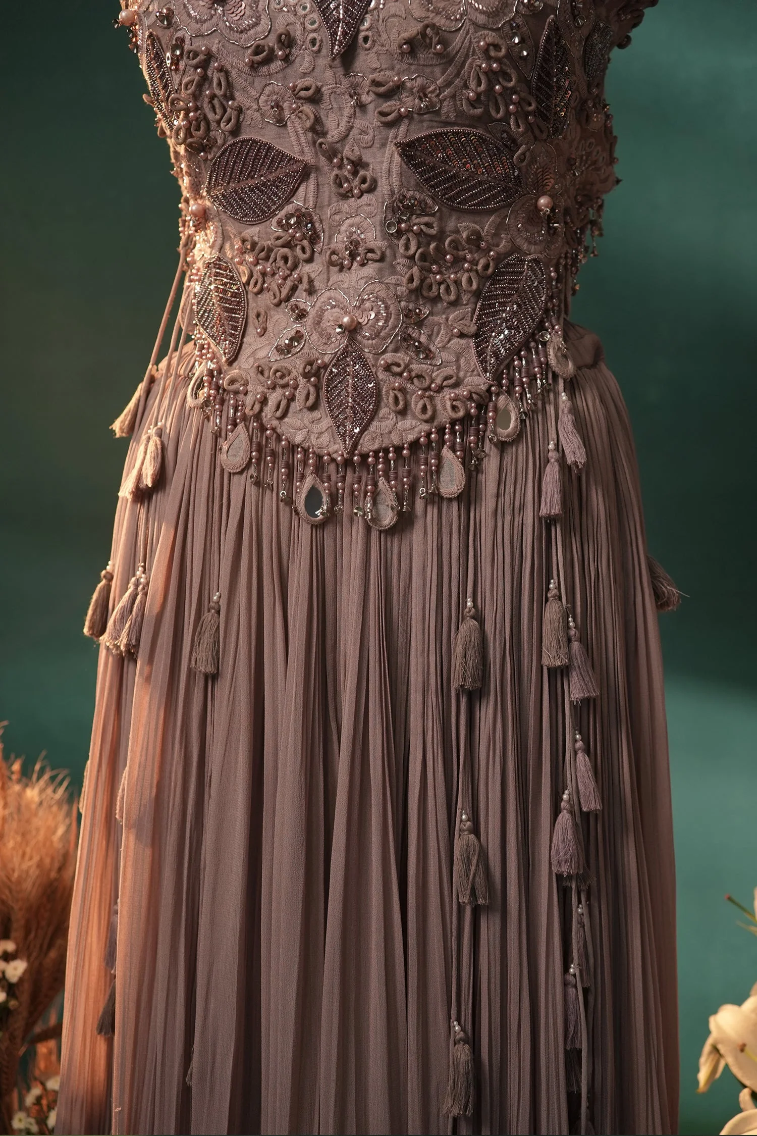 Dusty Mauve Silk Embroidered Beaded Crop Top Palazzo Set - Image 5