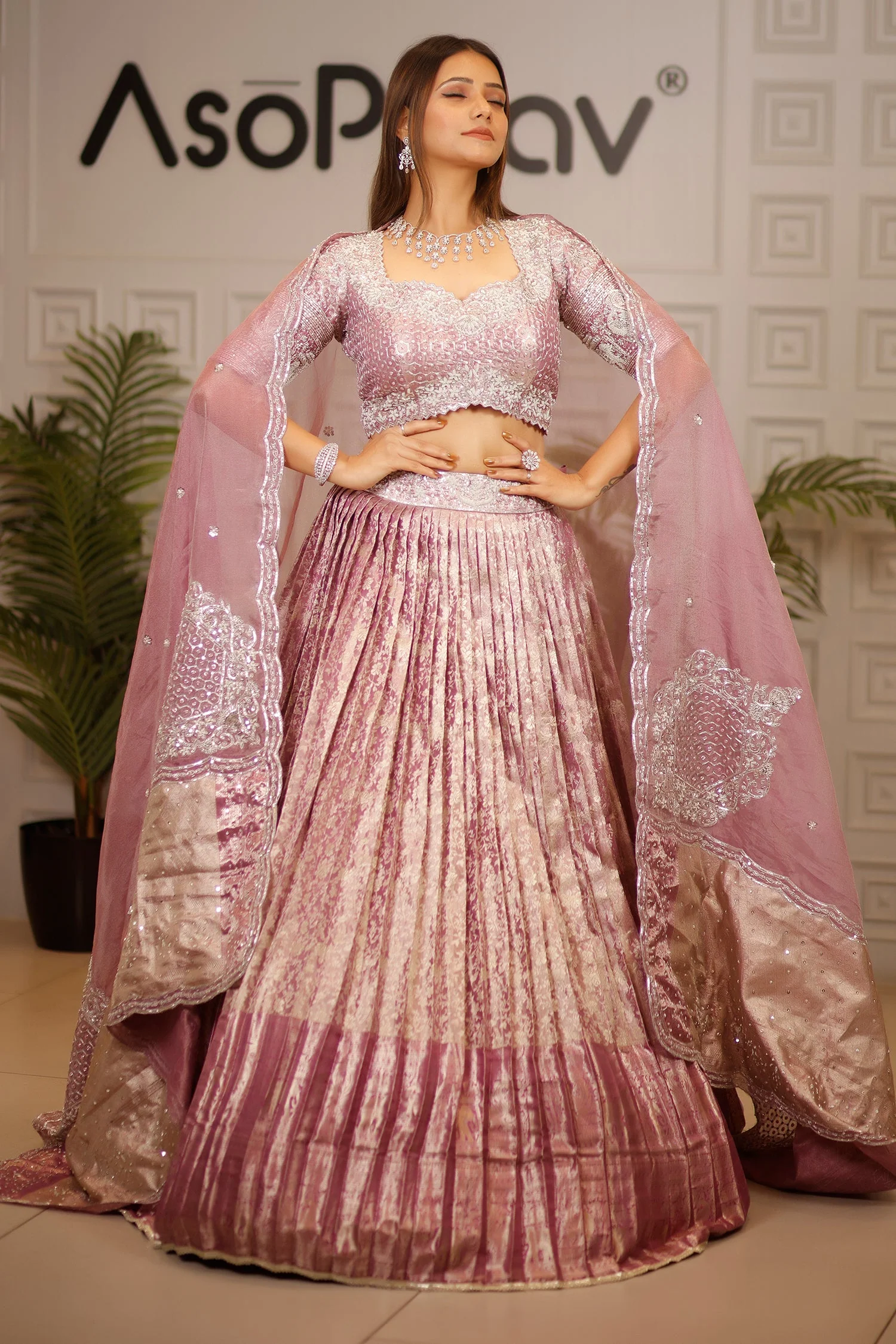 Dusty Mauve Tissue Pleated Lehenga - Image 2