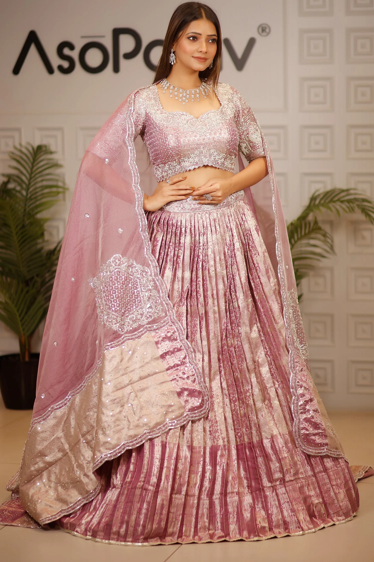 Dusty Mauve Tissue Pleated Lehenga - Image 3