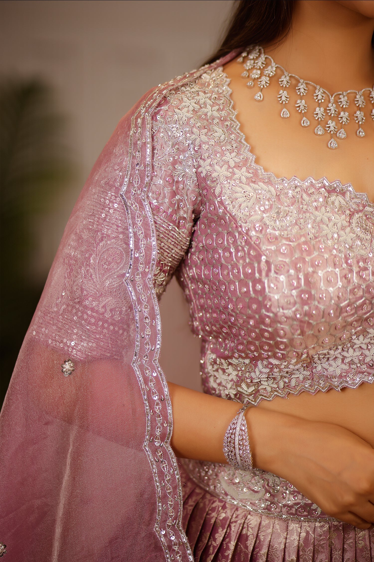Dusty Mauve Tissue Pleated Lehenga - Image 5