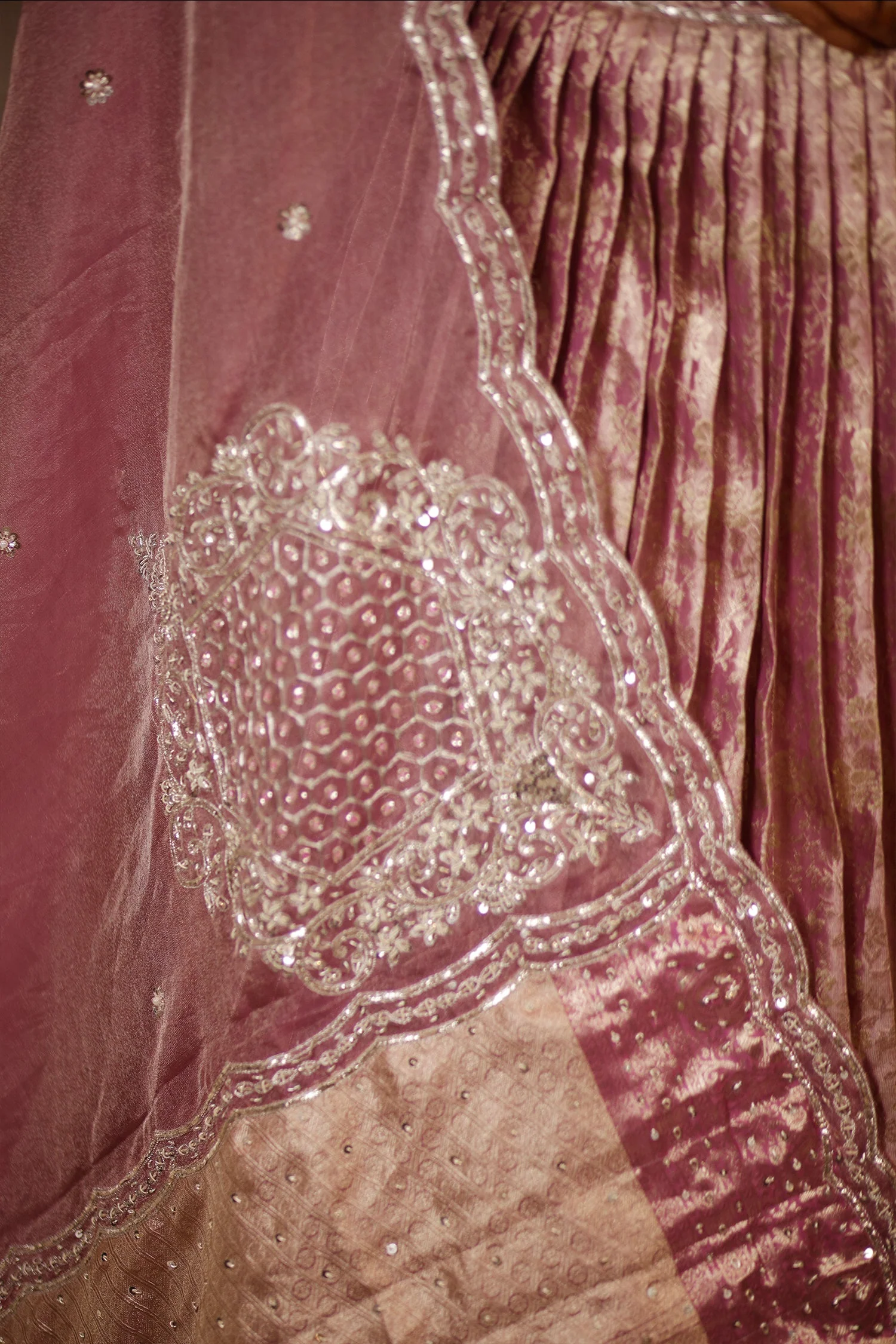 Dusty Mauve Tissue Pleated Lehenga - Image 6