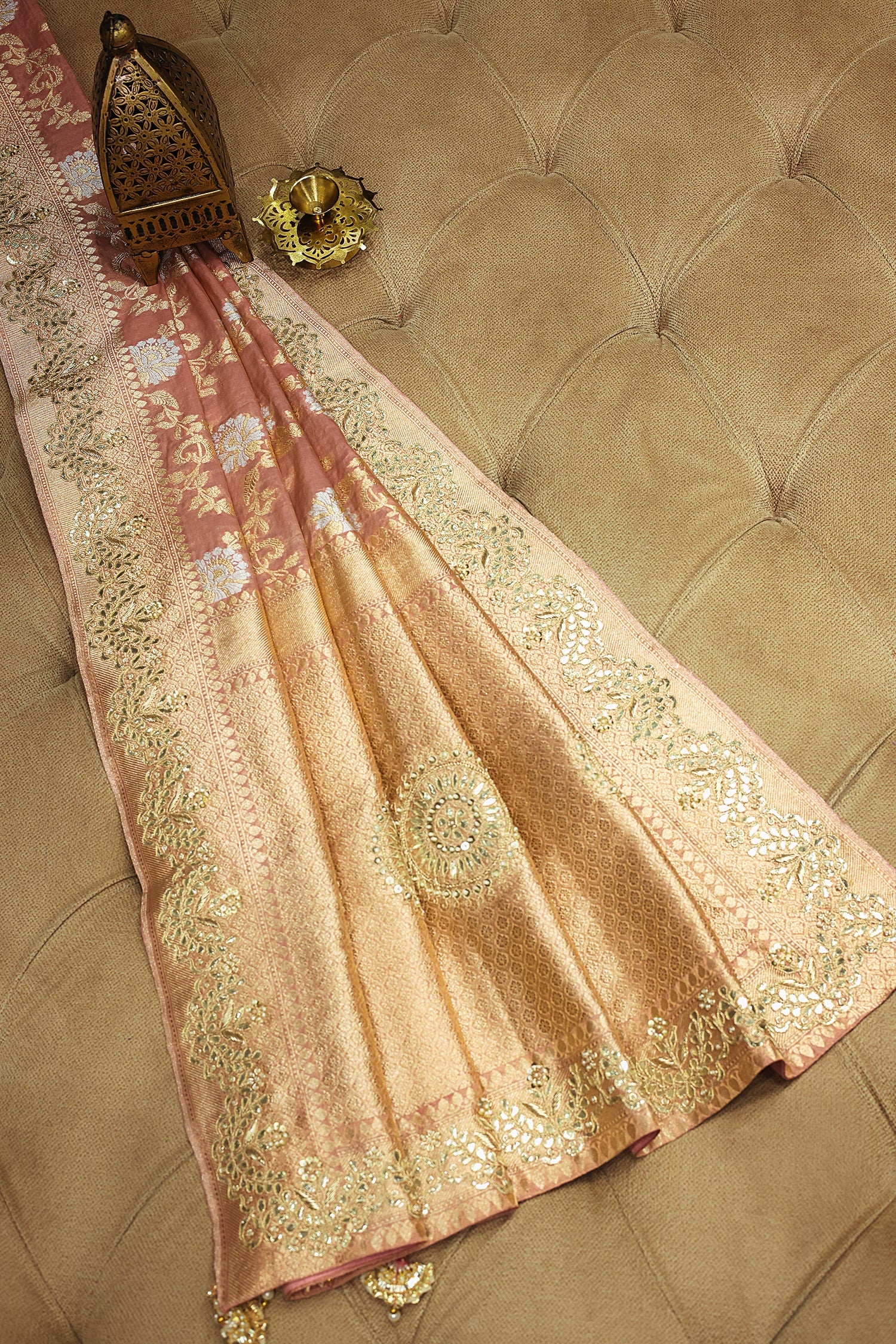 Dusty Peach Banarasi Silk Floral Woven Saree with Gota and Beads Work - Image 3