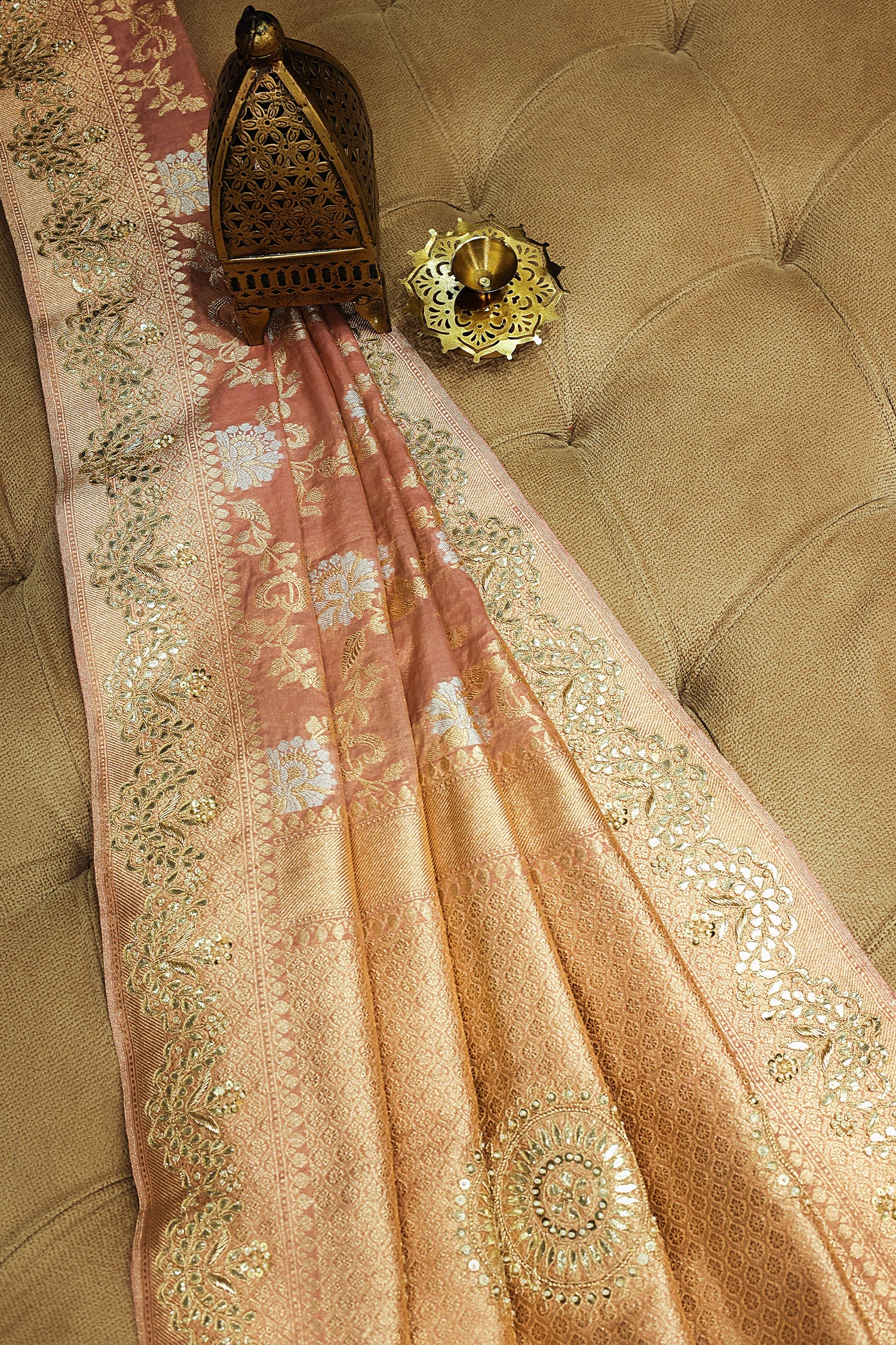 Dusty Peach Banarasi Silk Floral Woven Saree with Gota and Beads Work - Image 4
