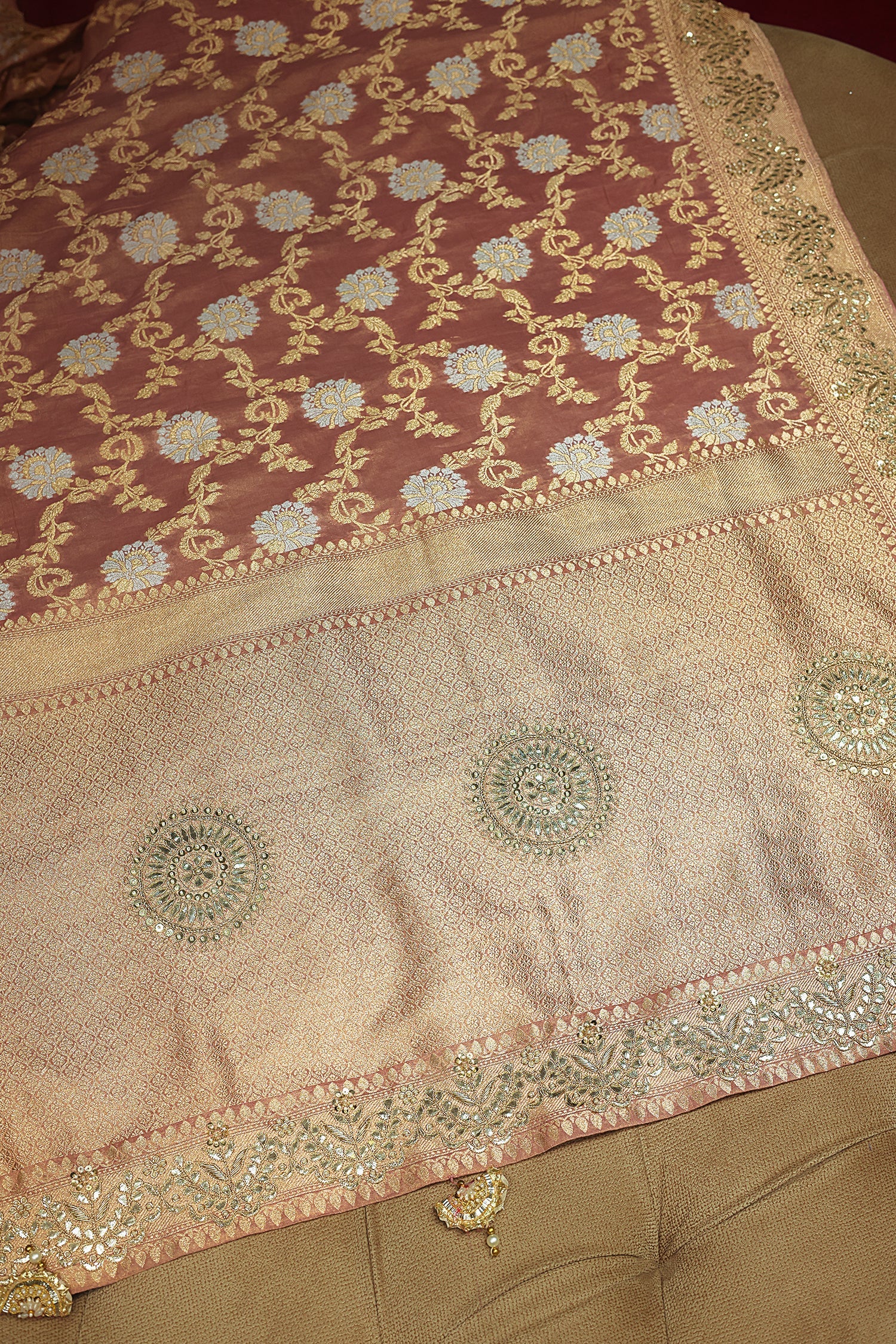 Dusty Peach Banarasi Silk Floral Woven Saree with Gota and Beads Work - Image 5